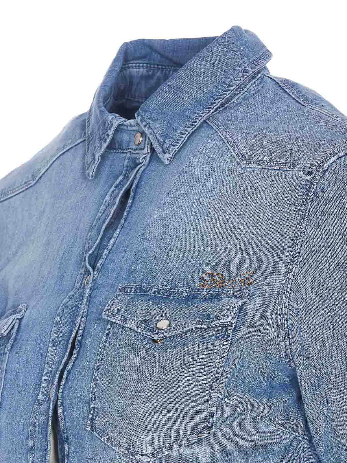 Shop Liu •jo Denim Shirt Frontal Logo With Buttons In Blue