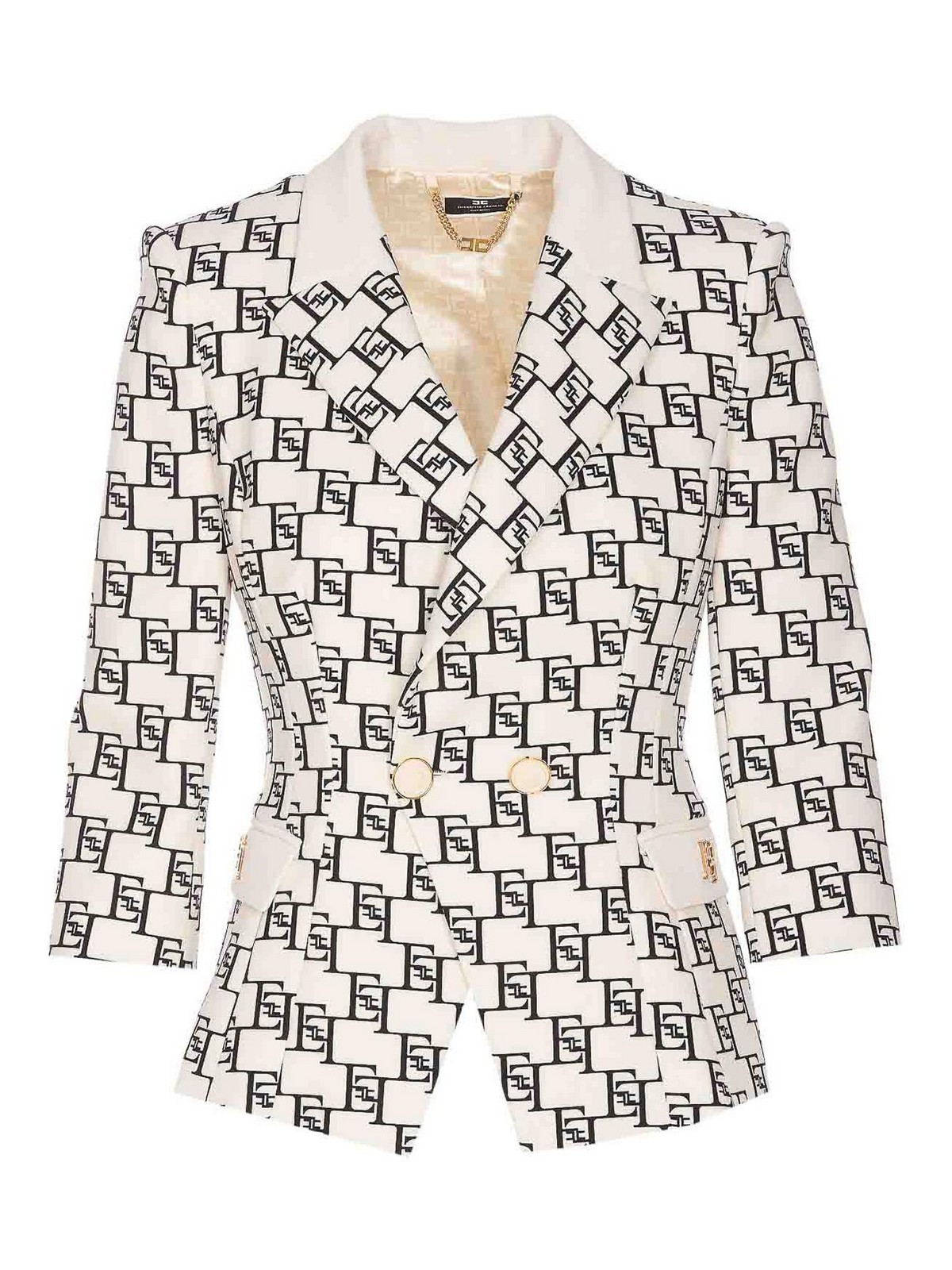 Shop Elisabetta Franchi Double Breast Jacket Logo Print And Plaque In White