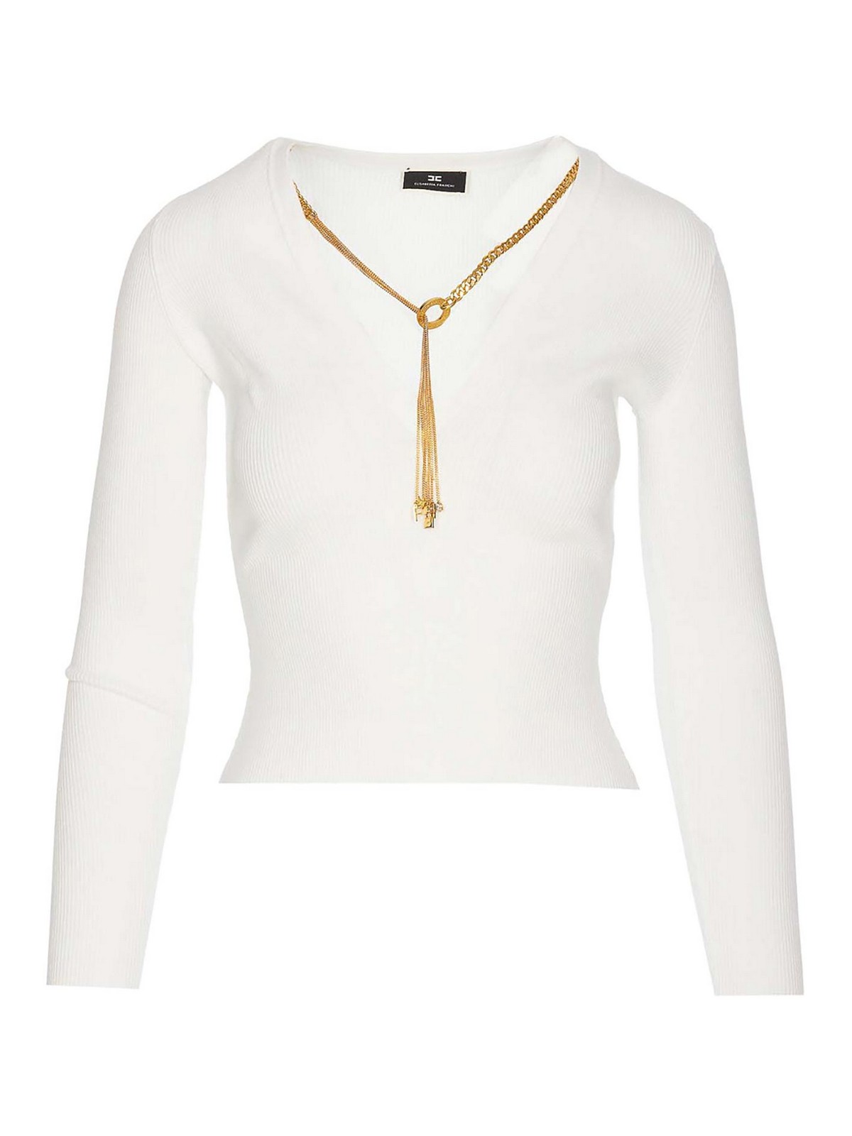 Elisabetta Franchi Ivory Knit Sweater Rib V-neck Slim In White