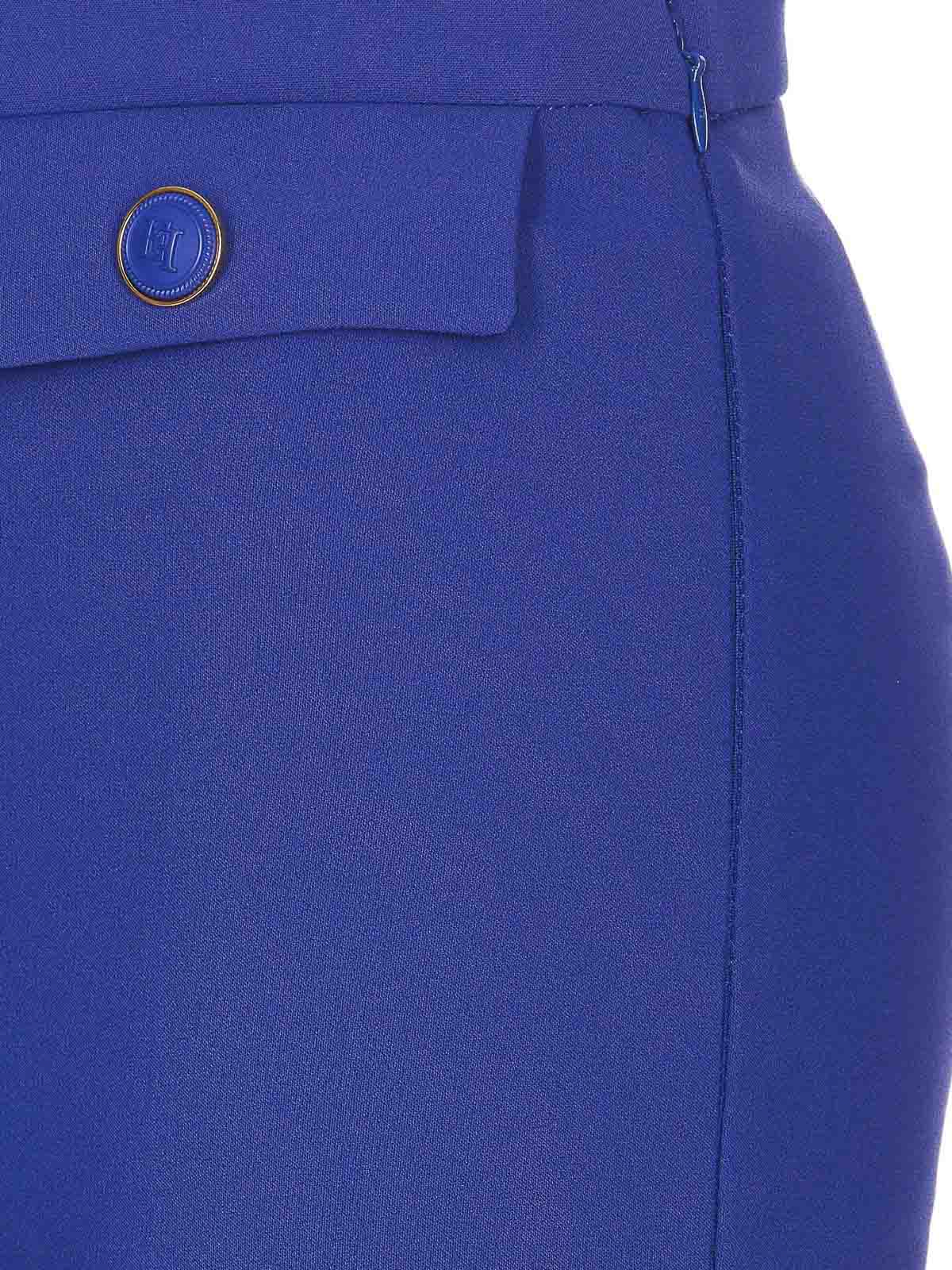 Shop Elisabetta Franchi Blue Pants Lateral Zip Plaque Logo
