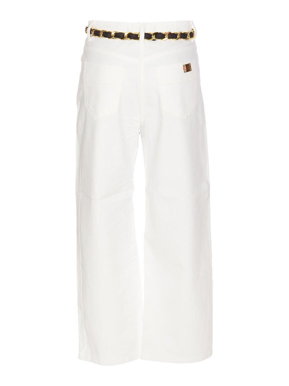 Shop Elisabetta Franchi Cropped Wide Jeans With Chain Belt In White