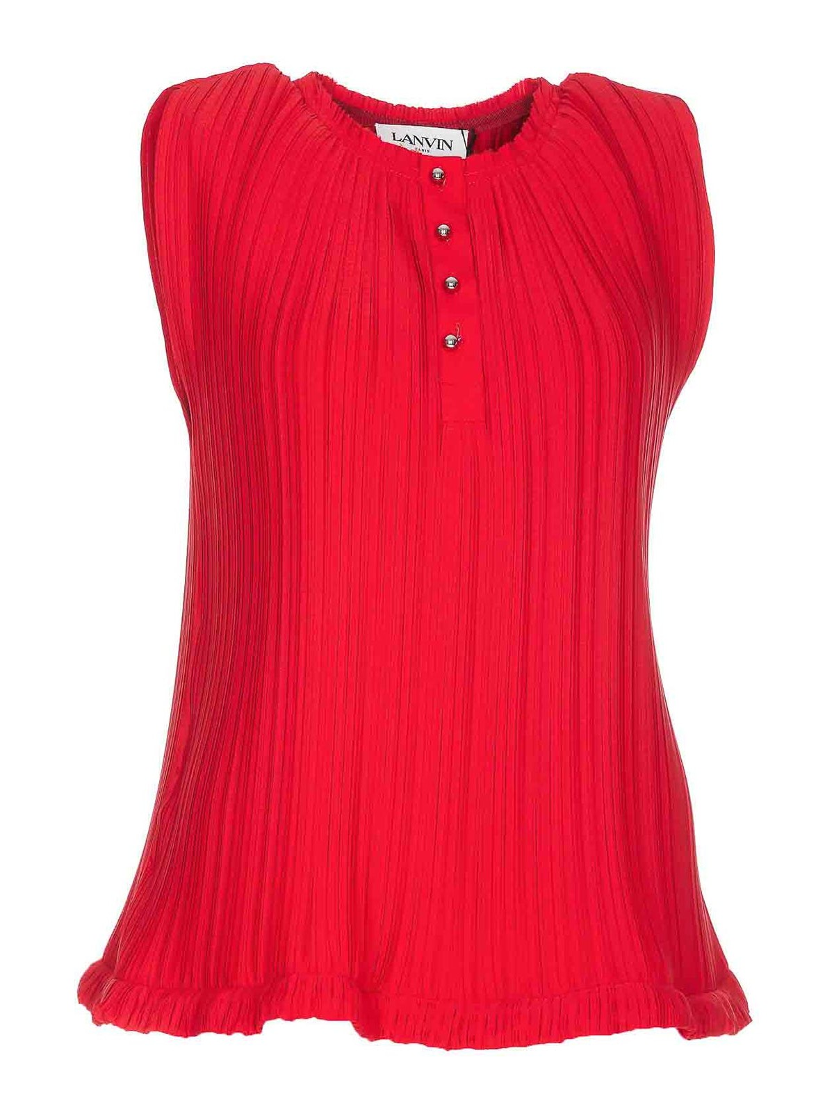 Lanvin Red Pleated Top Frontal Buttons Crew Neck