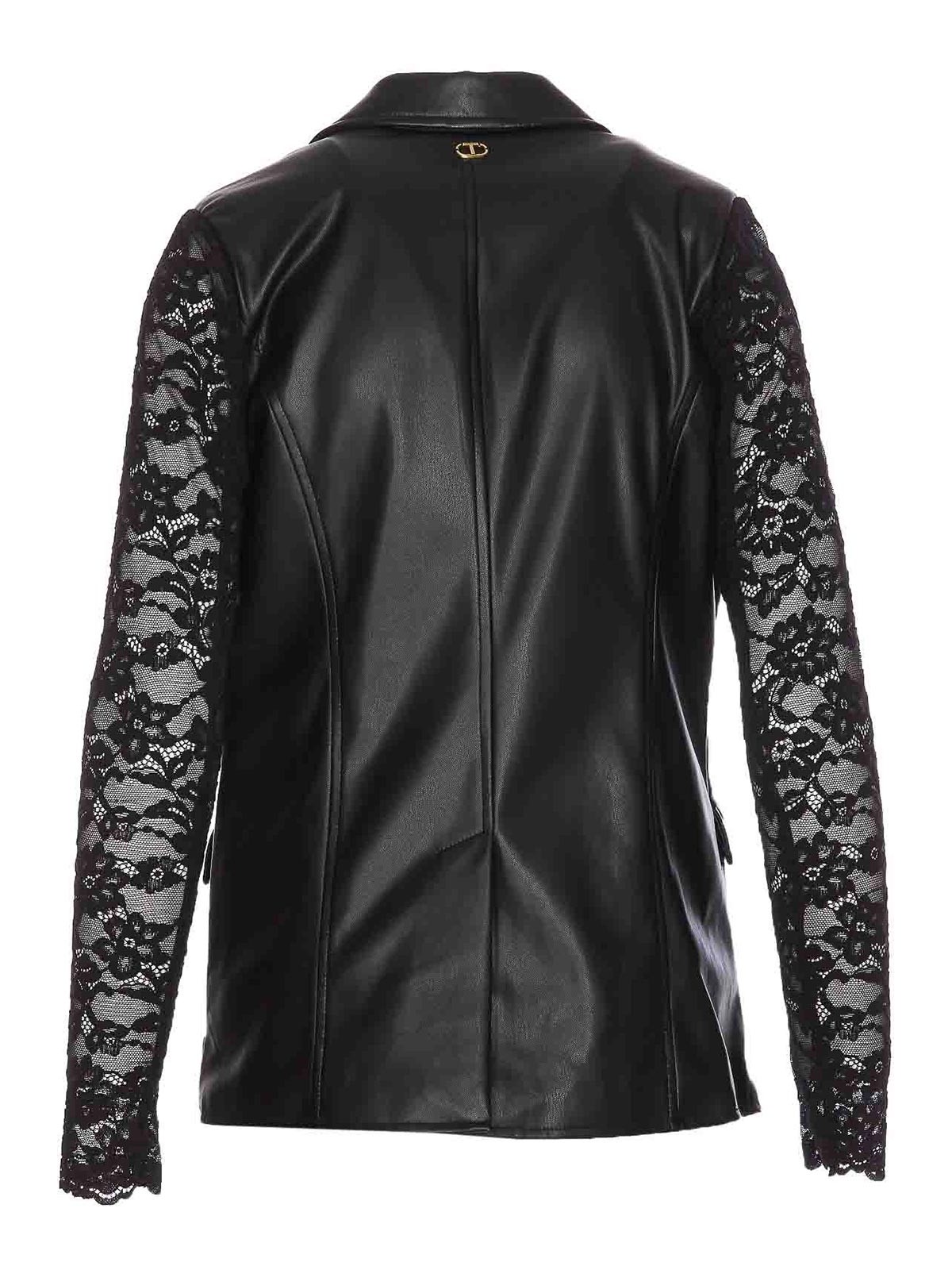 Shop Twinset Leather Effect Blazer With Lace In Black