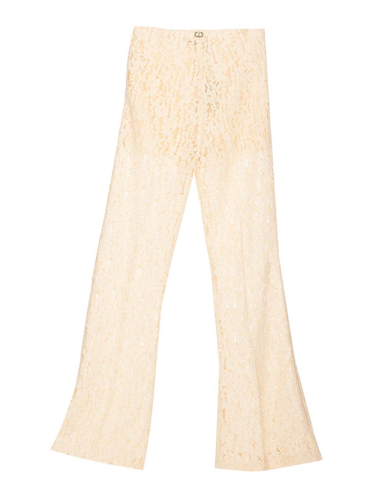 Shop Twinset Ivory Lace Pants Lateral Zip Laces In Beige