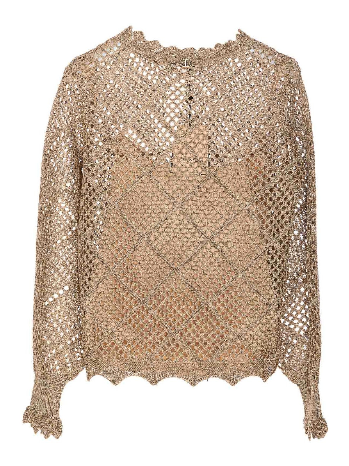 Shop Twinset Sweater Crewneck Knitted Trasparent Effect In Beige