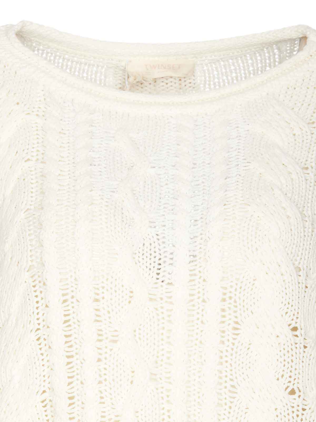 Shop Twinset White Knitted Sweater Crewneck Braid Work