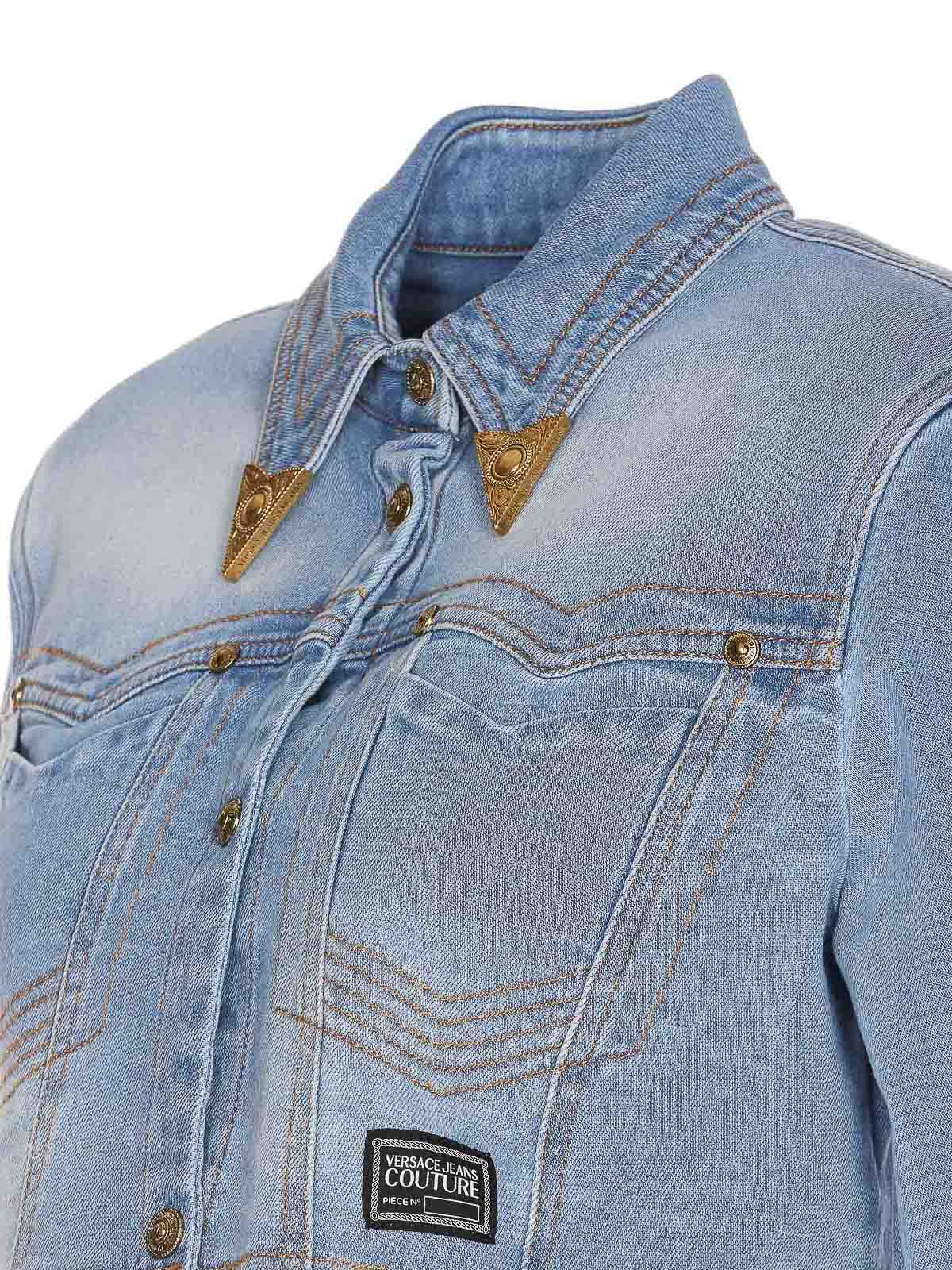 Shop Versace Jeans Couture Denim Jacket Button Classic Collar Cropped In Blue