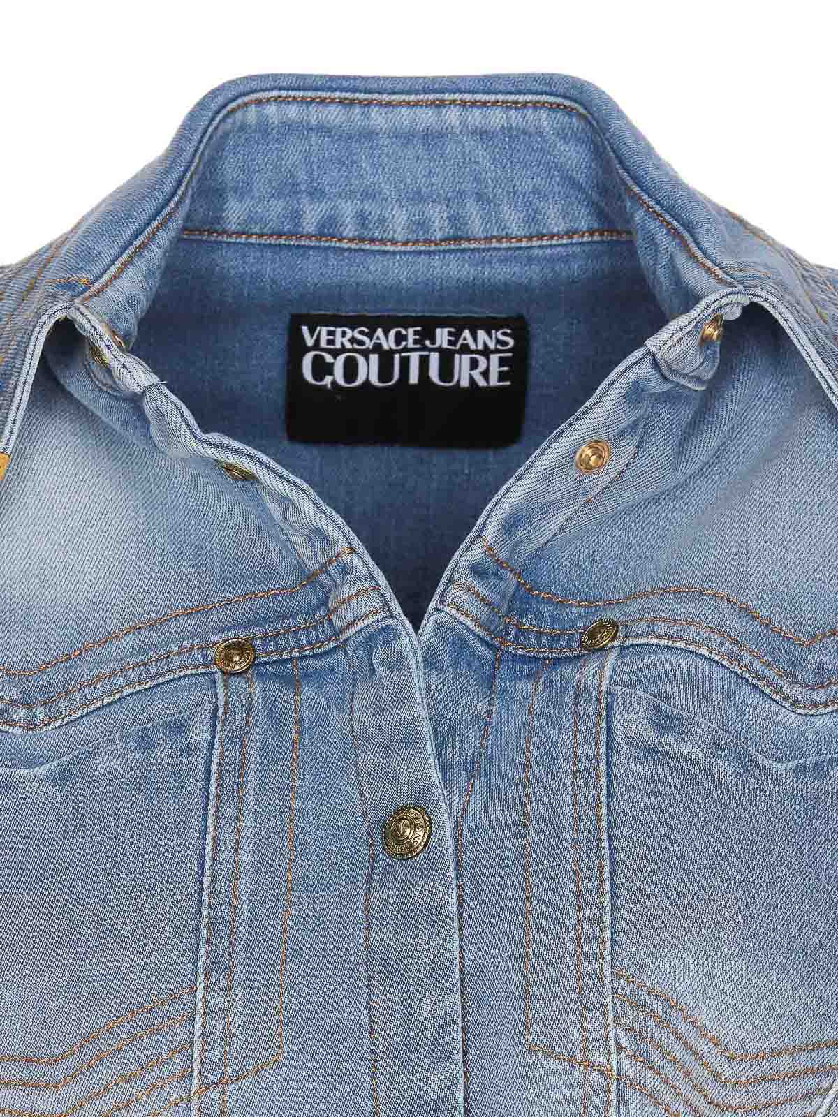 Shop Versace Jeans Couture Denim Jacket Button Classic Collar Cropped In Blue