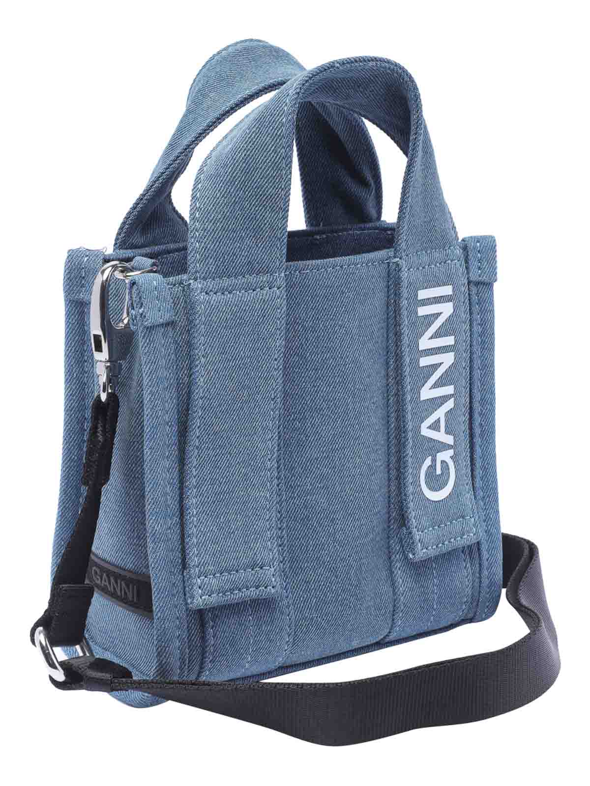 Shop Ganni Blue Denim Tote Bag With Coulisse