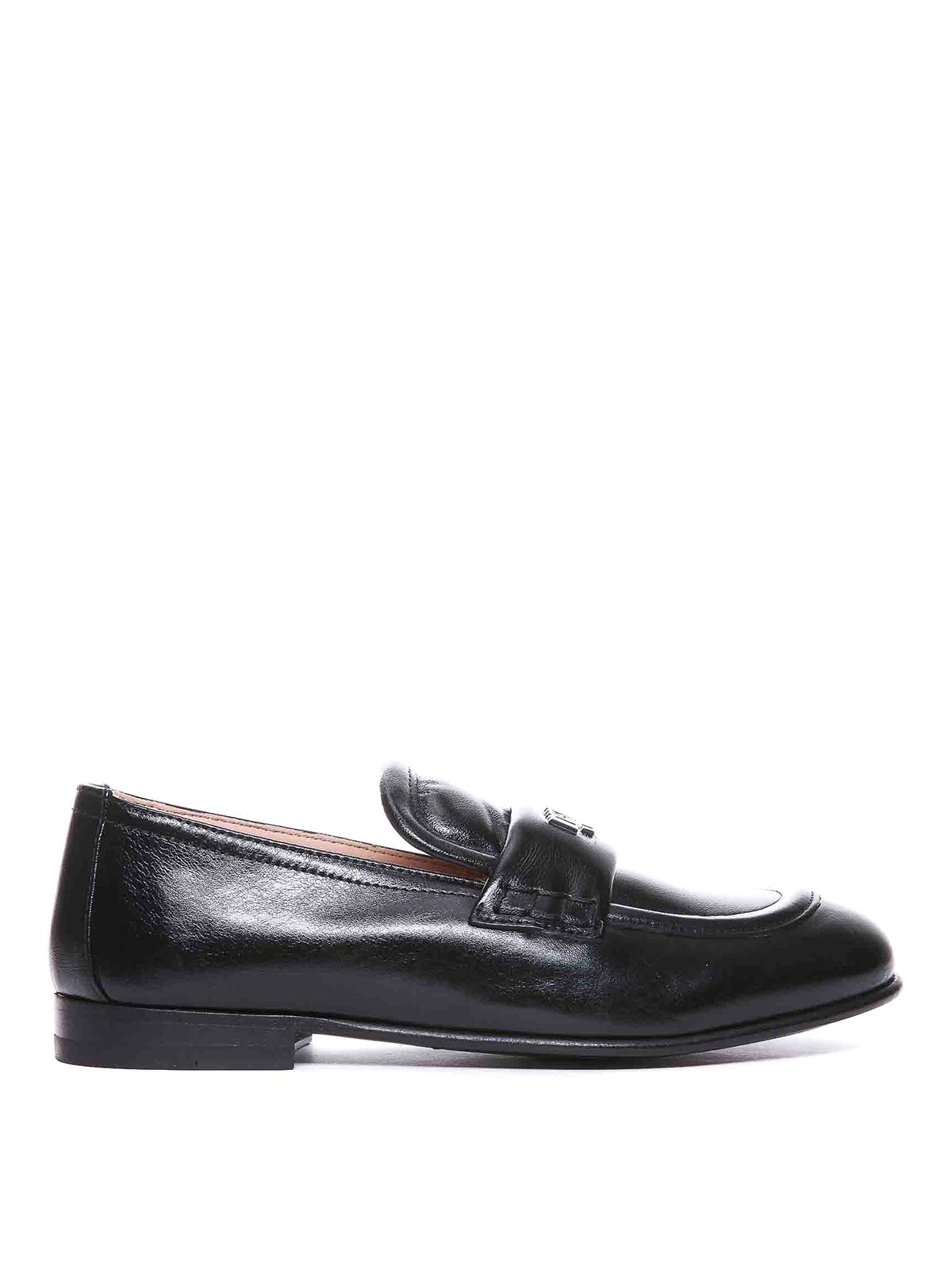 Shop Moschino Metal Logo Loafers In Black