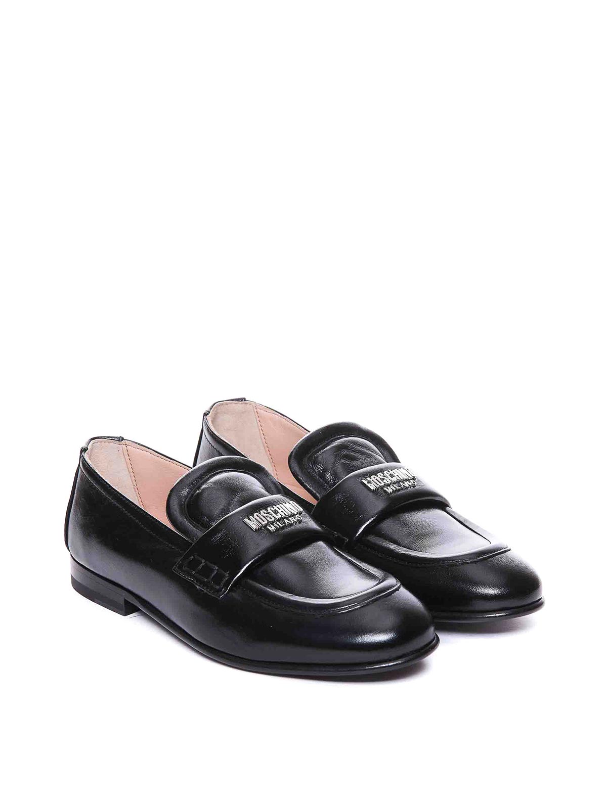 Shop Moschino Metal Logo Loafers In Black