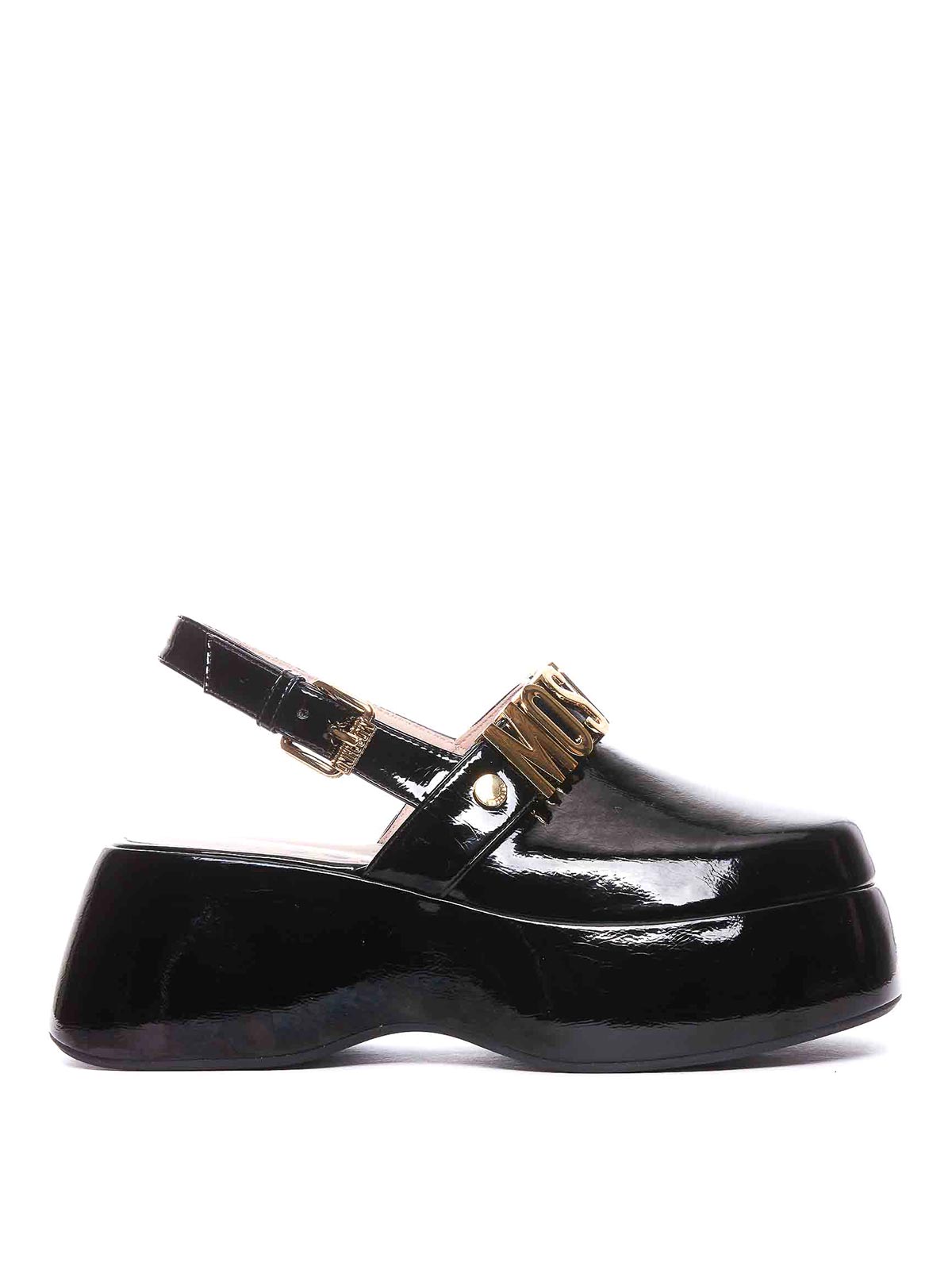 Shop Moschino Maxi Lettering Wedge Mules In Black