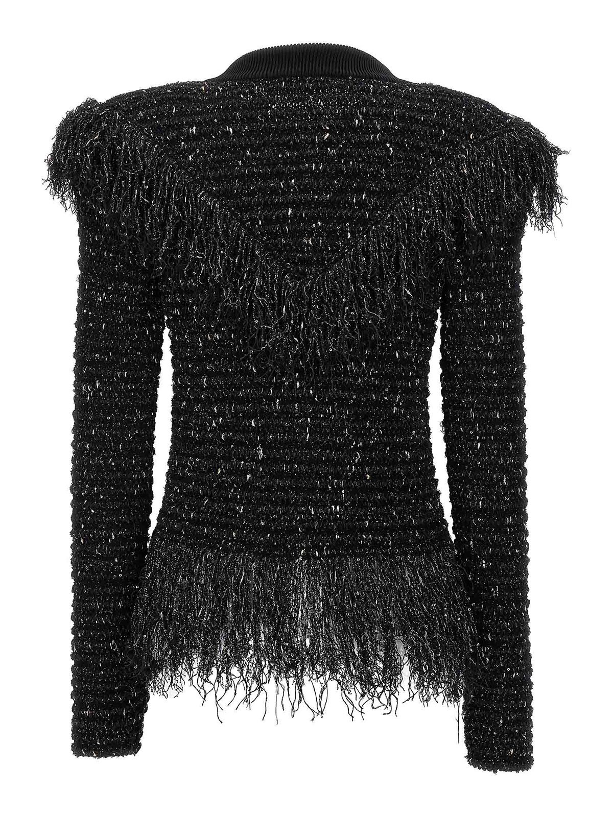 Shop Balmain Glittered Fringed Short Jacket In Negro