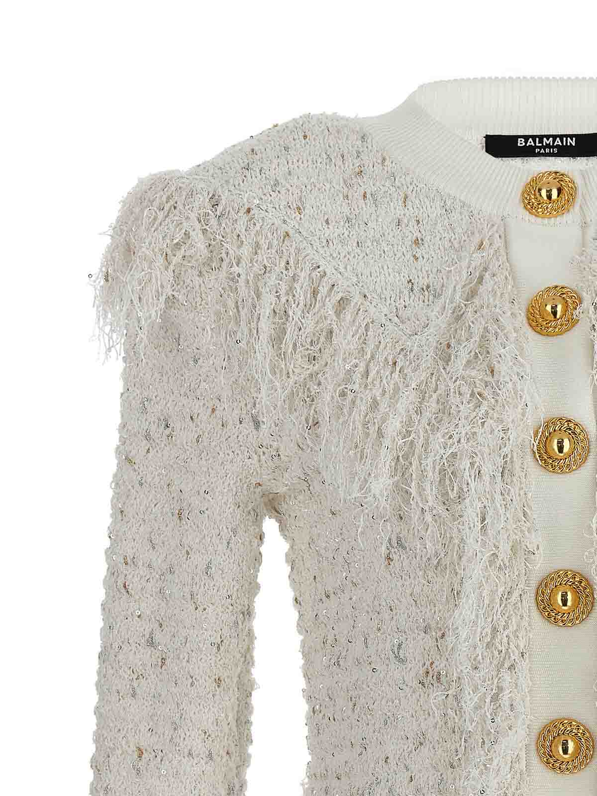 Shop Balmain Glittered Fringed Short Jacket In Blanco