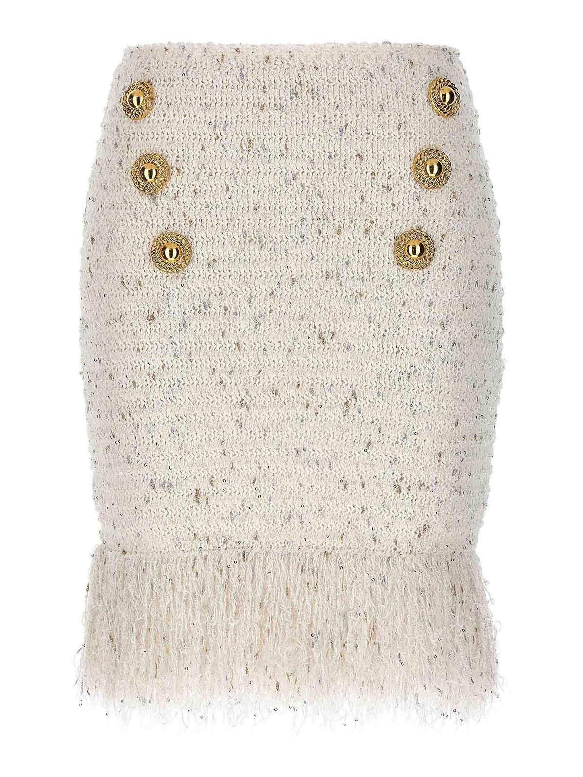 Shop Balmain Fringed Tweed Skirt In Blanco