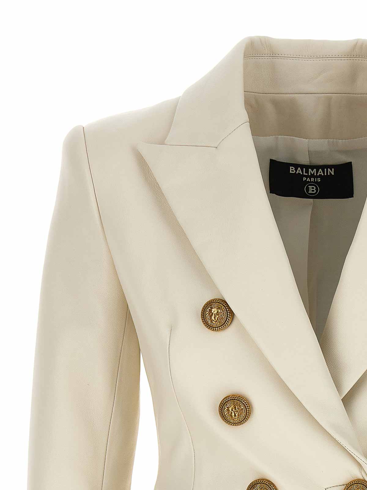 Shop Balmain Double-breasted Leather Blazer In Blanco