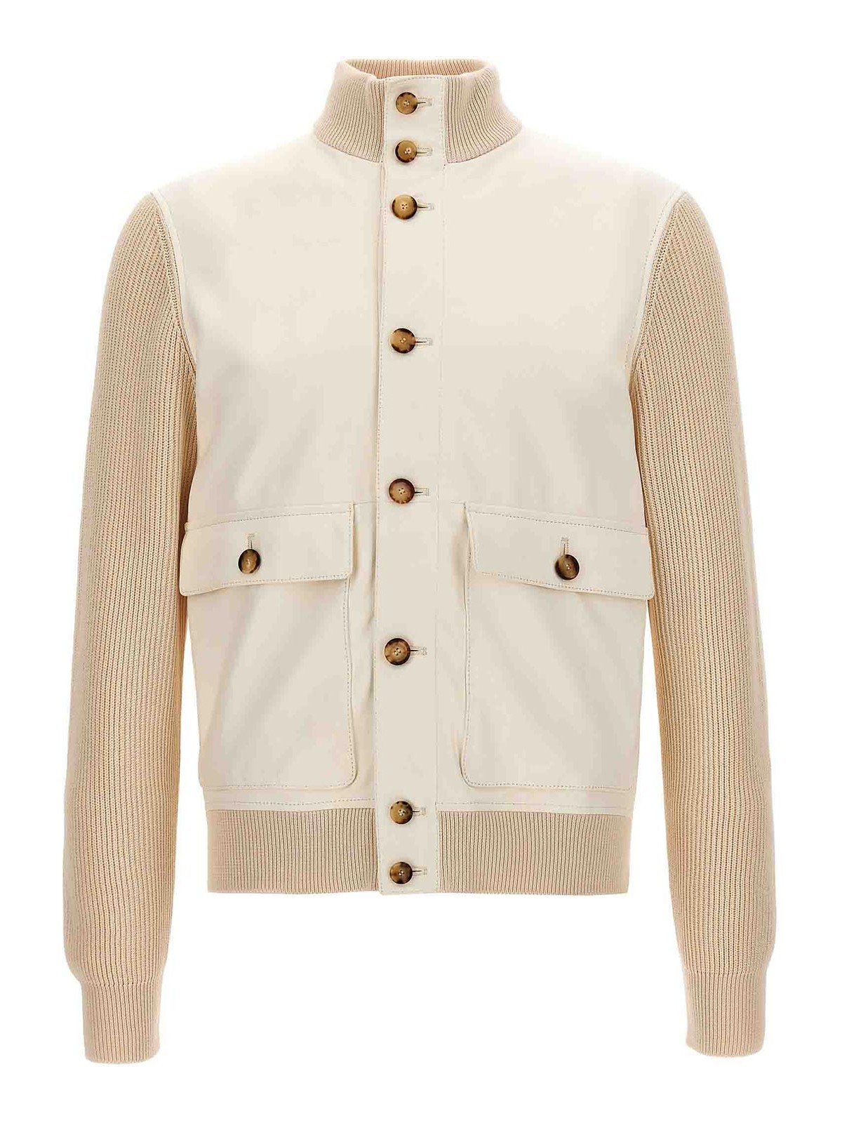 Shop Brunello Cucinelli Leather Jacket With Knit Inserts In Blanco