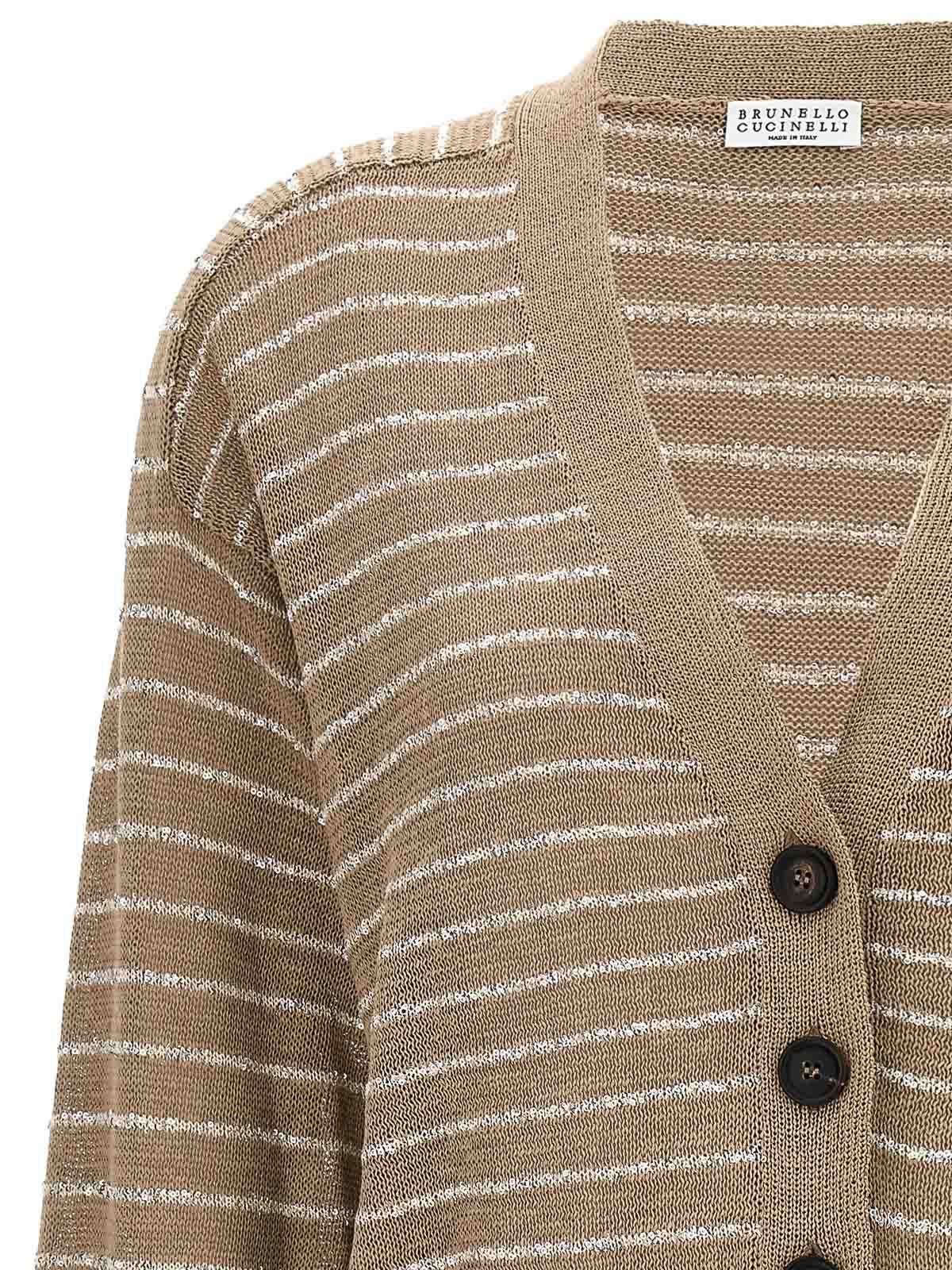 Shop Brunello Cucinelli Sequin Striped Cardigan In Beis
