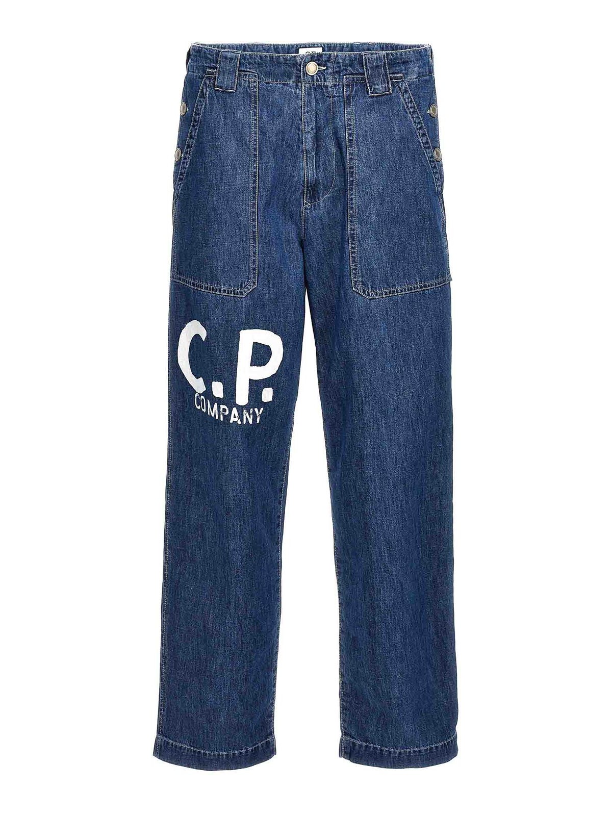Shop C.p. Company Logo Print Jeans In Azul
