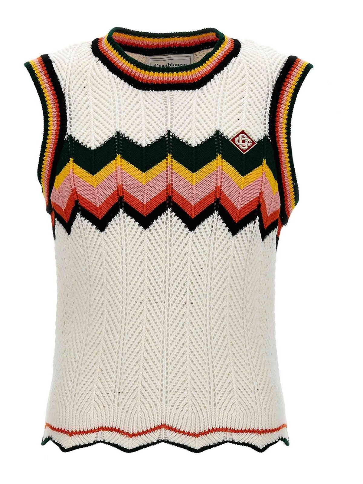 Casablanca Chevron Knit Vest Contoured Hem|MS24KW65101WHITEMULTI
