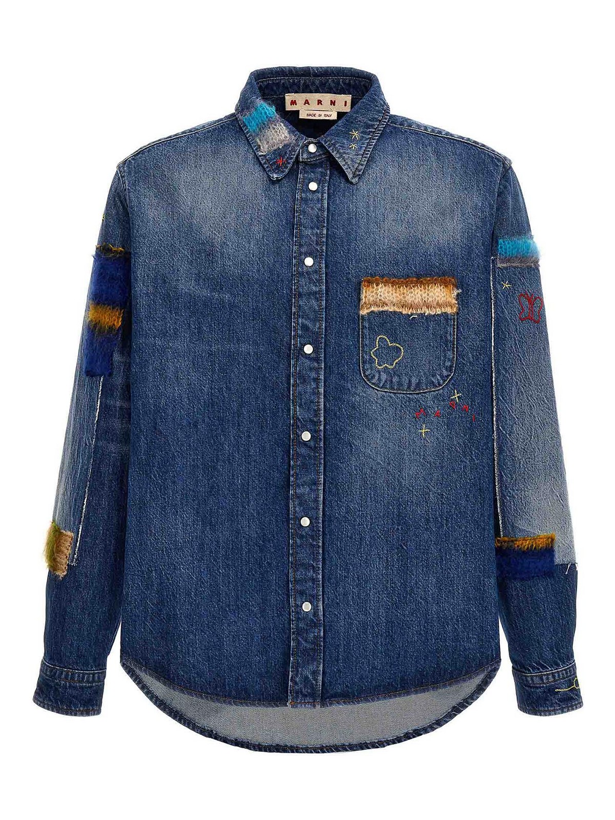 Shop Marni Denim Shirt Embroidery And Patches In Azul