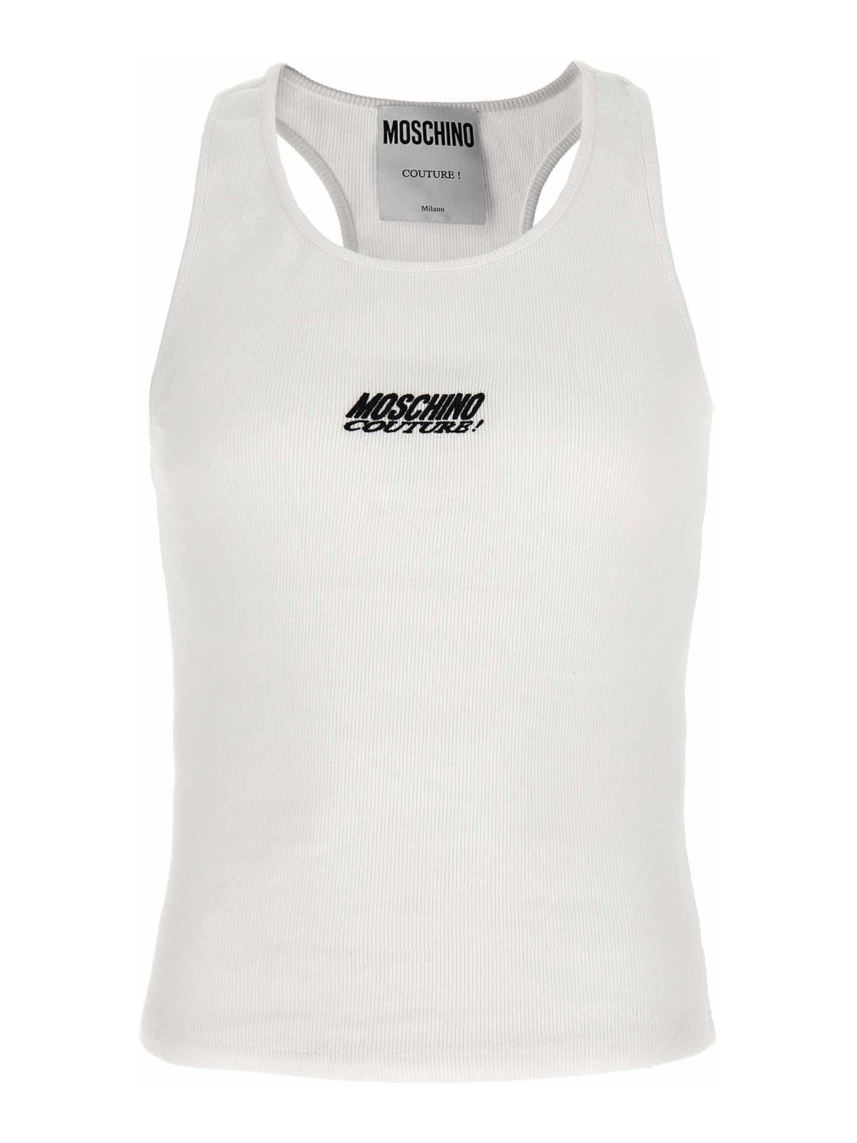 Shop Moschino Logo Ribbed Top In White