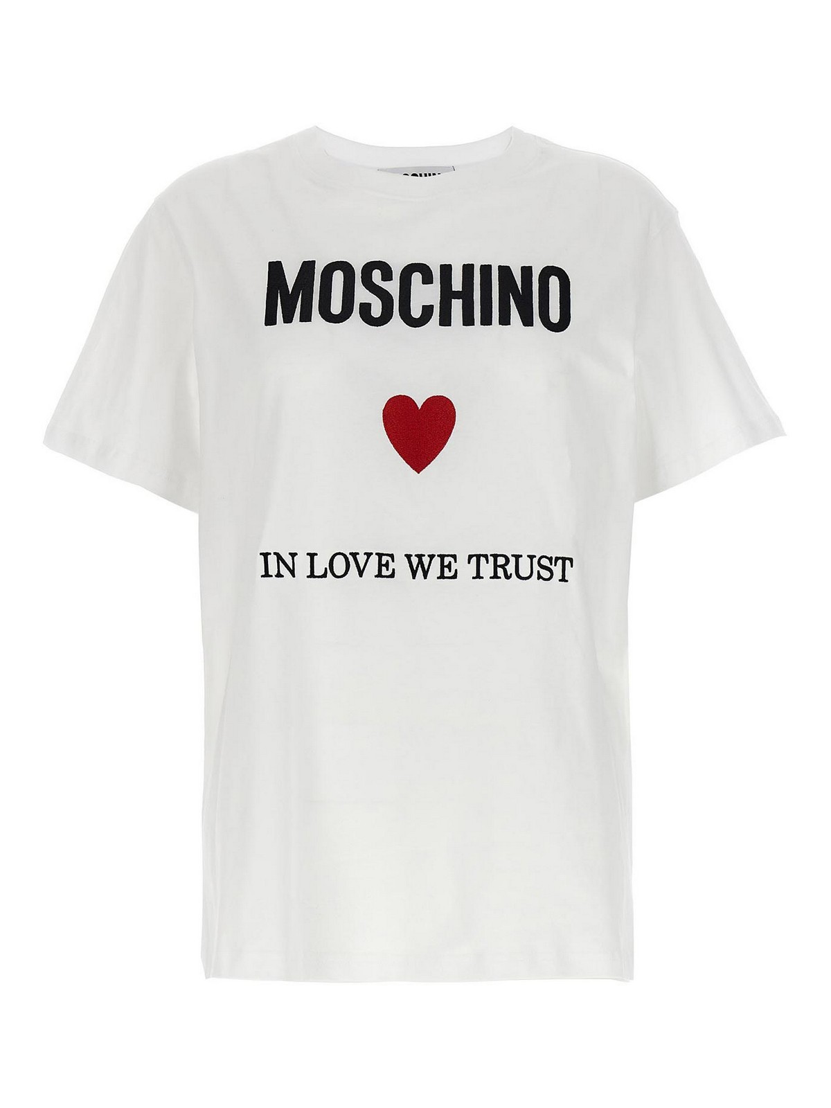 Shop Moschino Cotton T-shirt Love We Trust Crew Neck In Blanco