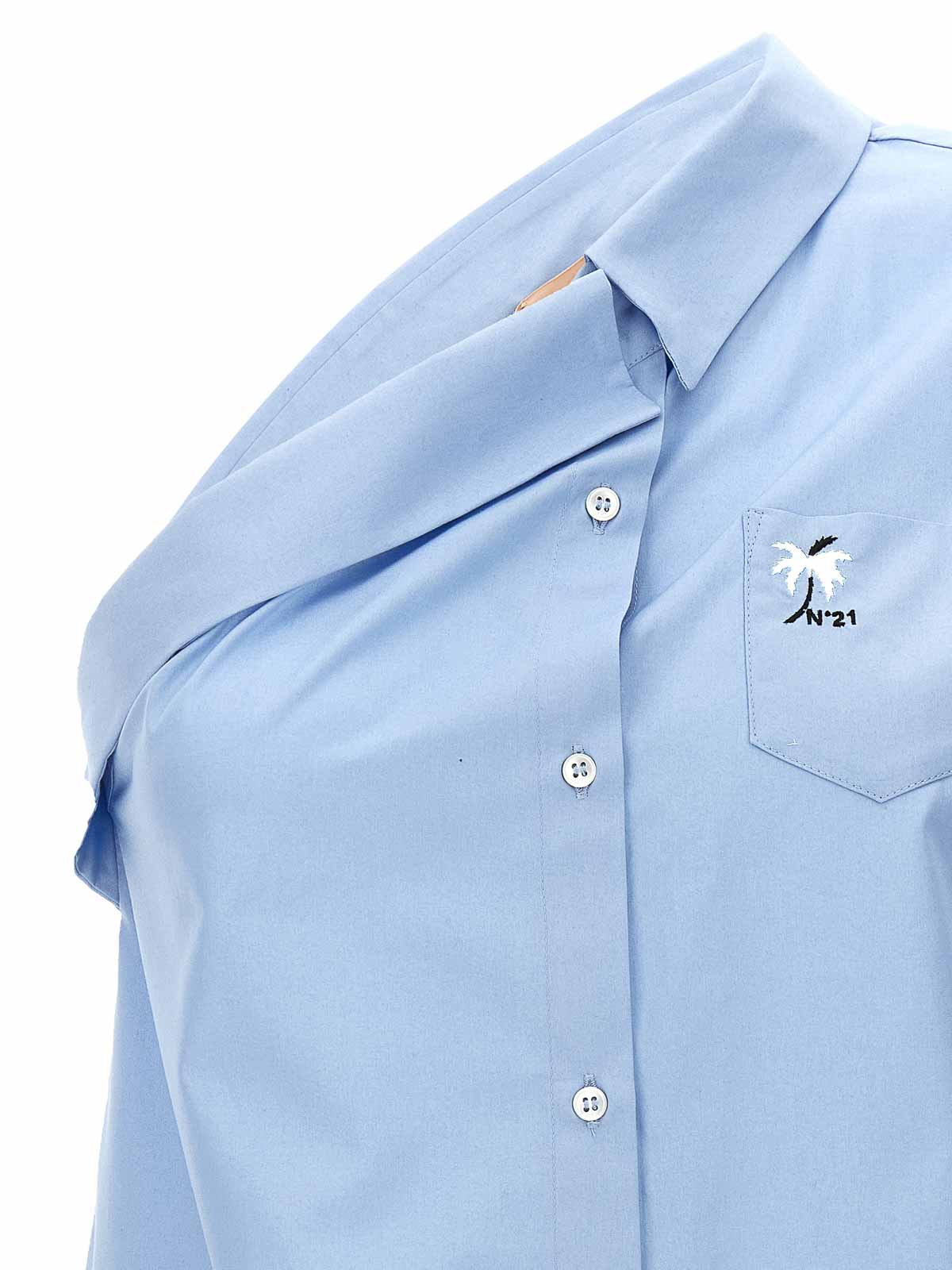 Shop N°21 One-shoulder Shirt With Logo Embroidery In Azul Claro