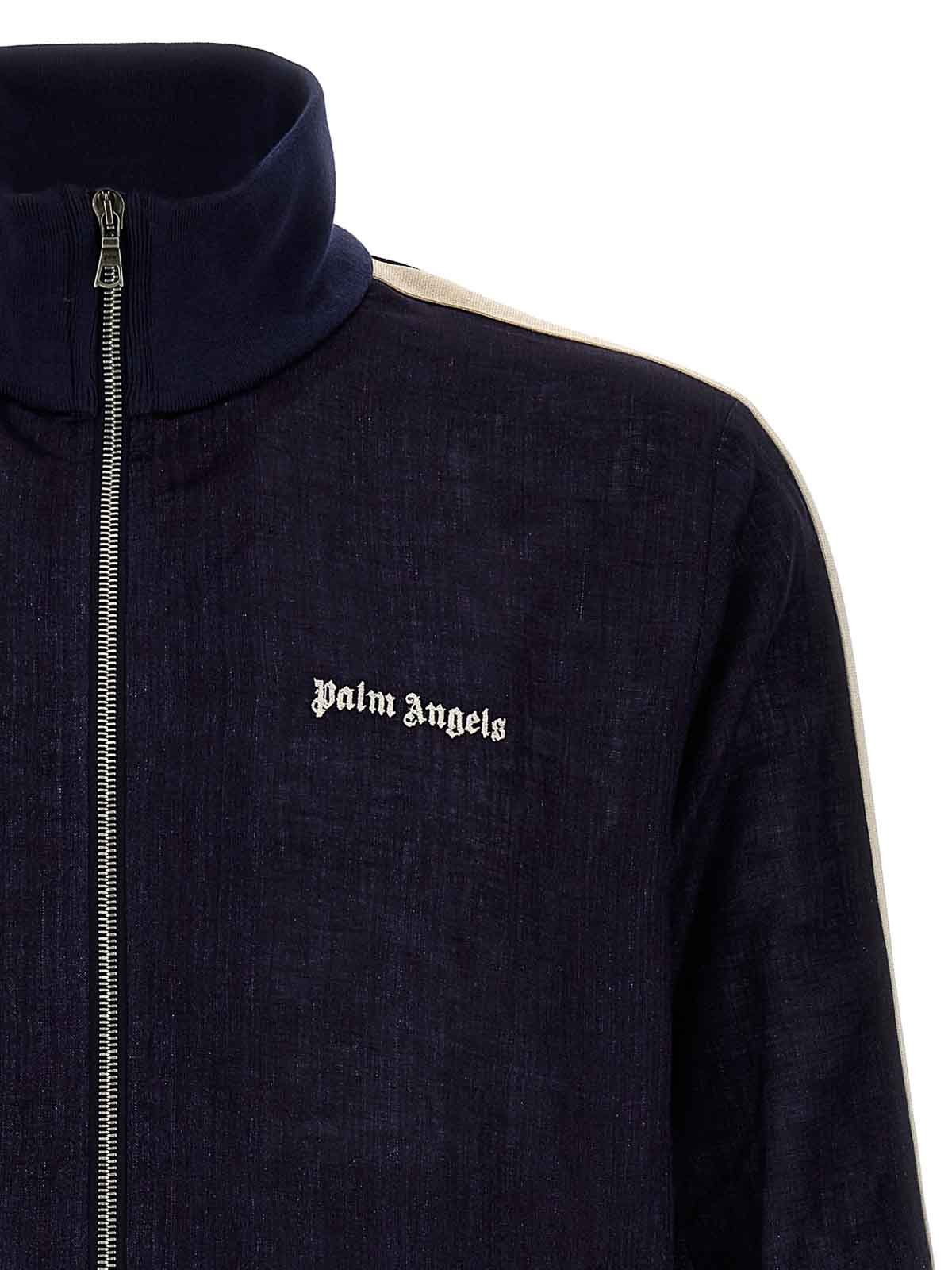 Shop Palm Angels Classic Logo Linen Track Sweatshirt In Blue