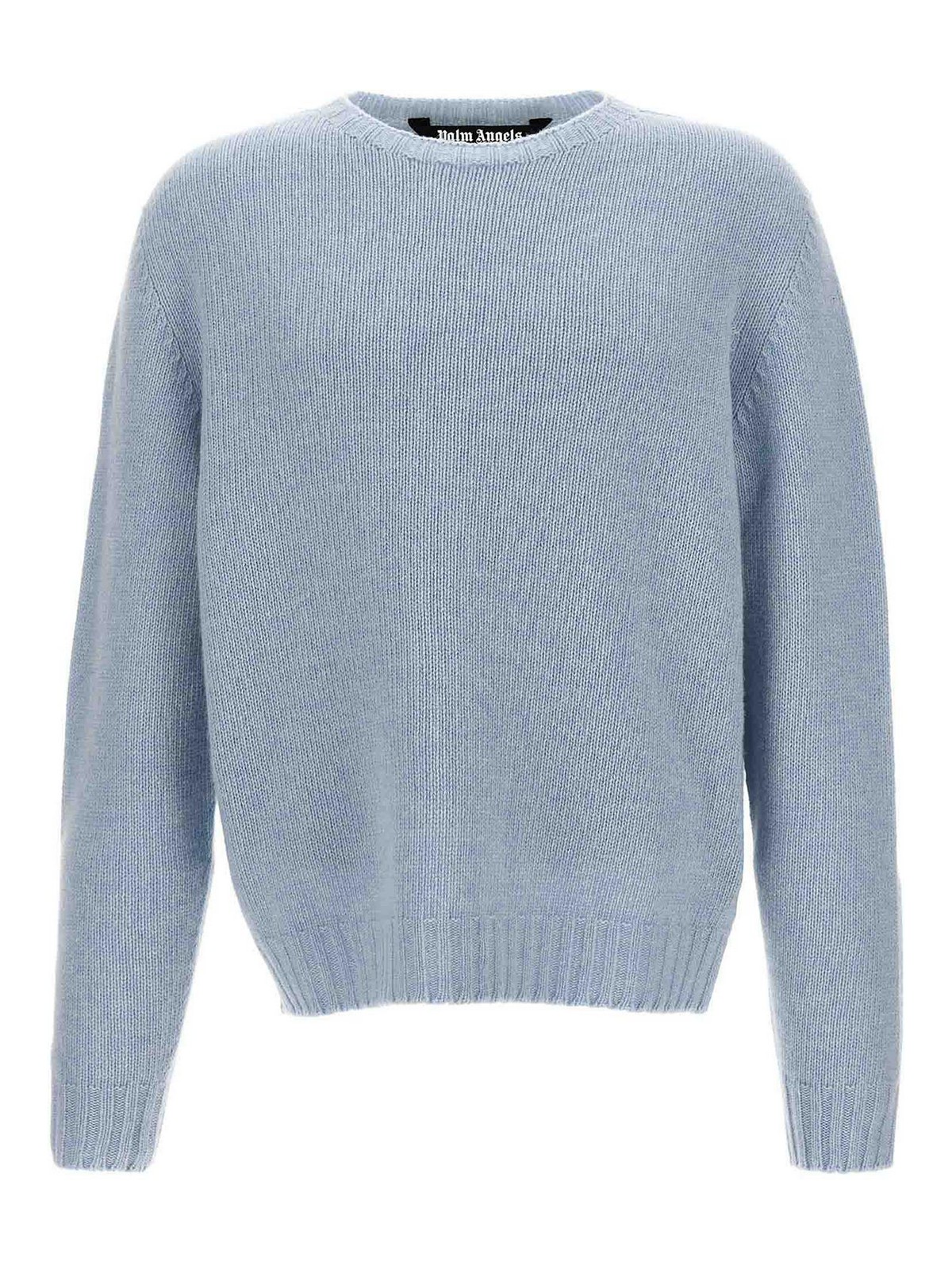 Shop Palm Angels Wool Sweater Curved Logo Crew Neck In Light Blue