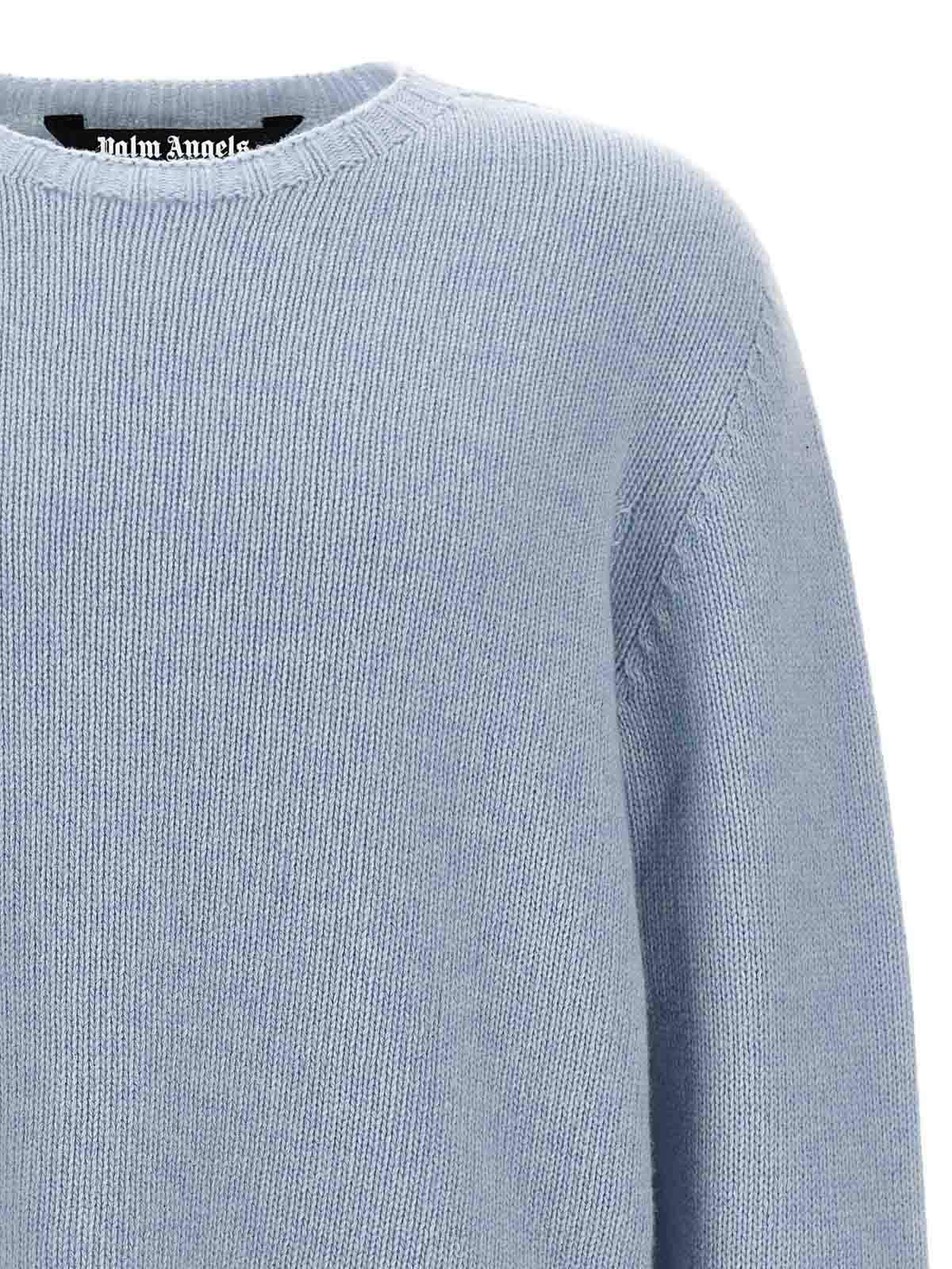 Shop Palm Angels Wool Sweater Curved Logo Crew Neck In Light Blue