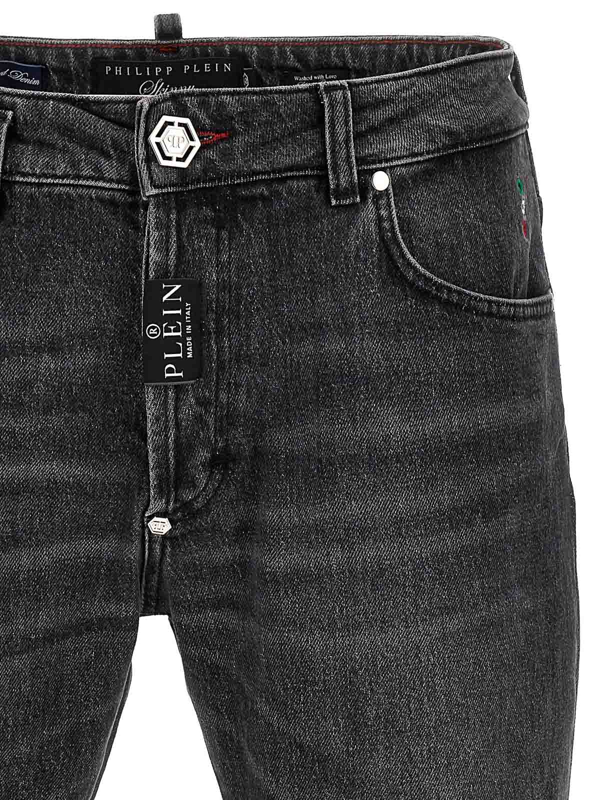 Shop Philipp Plein Cotton Denim Jeans Logo Plaque In Grey