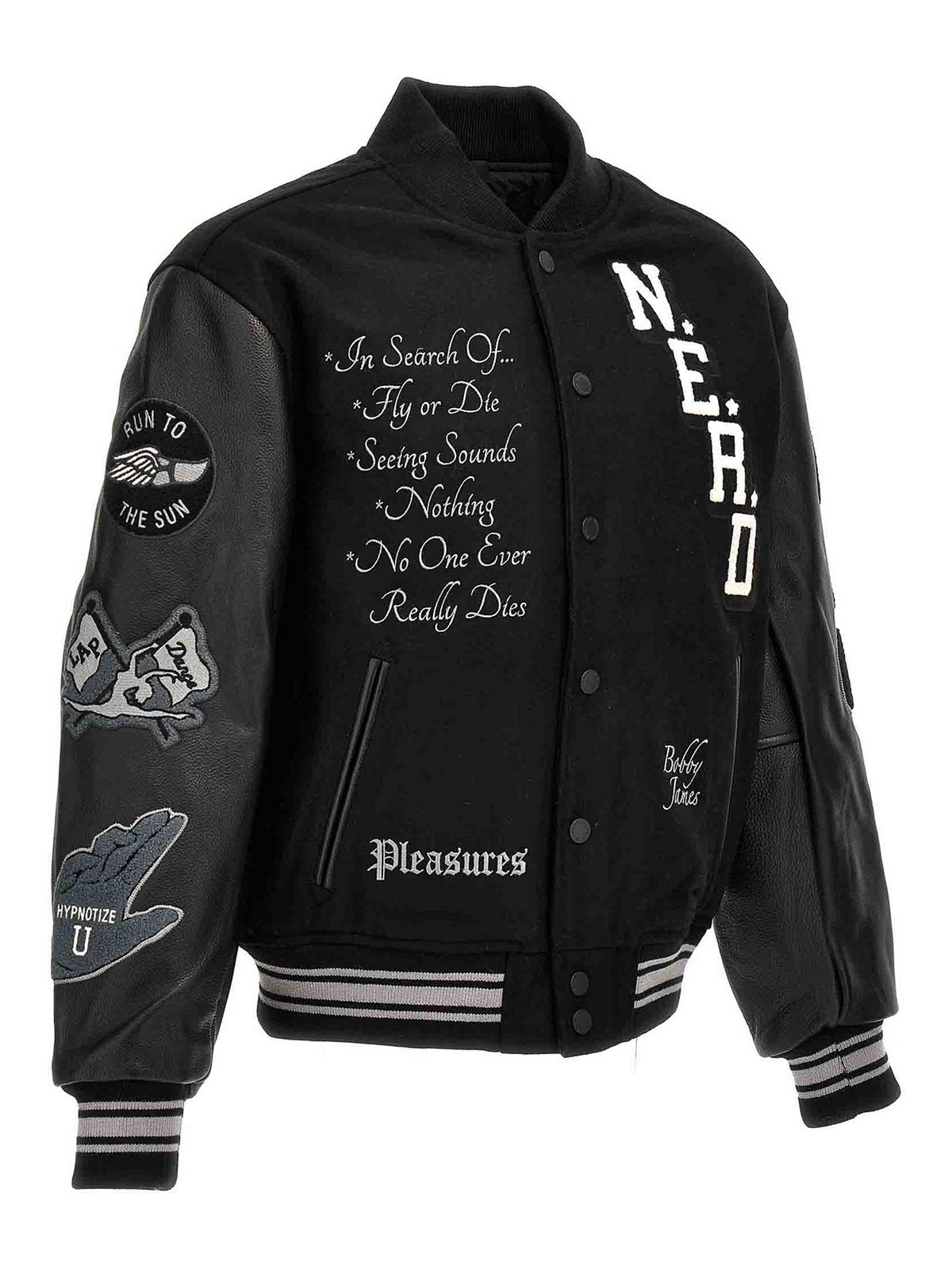 Shop Pleasures Nerd Varsity Bomber Jacket In Black