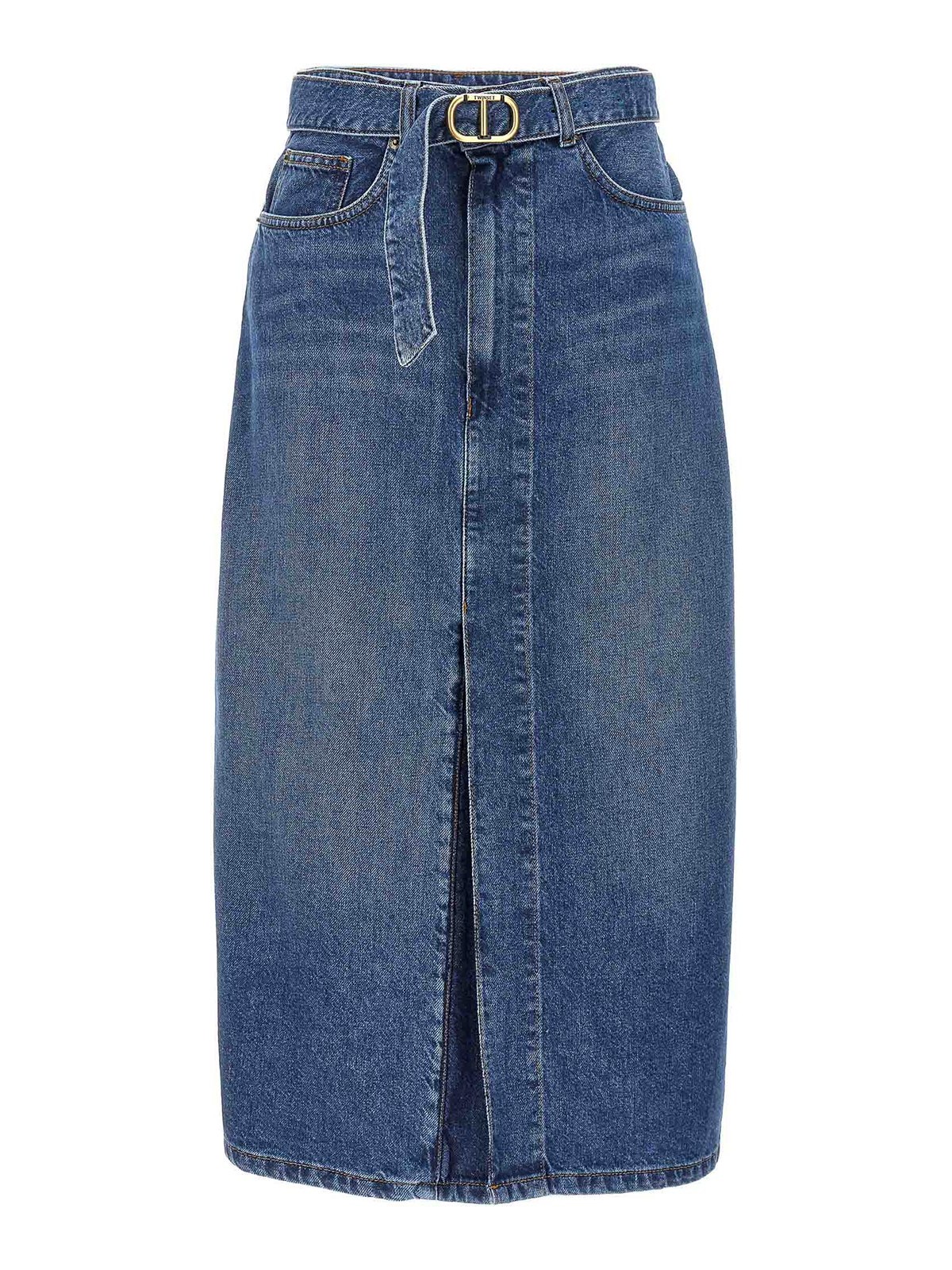 Shop Twinset Logo Buckle Skirt In Blue