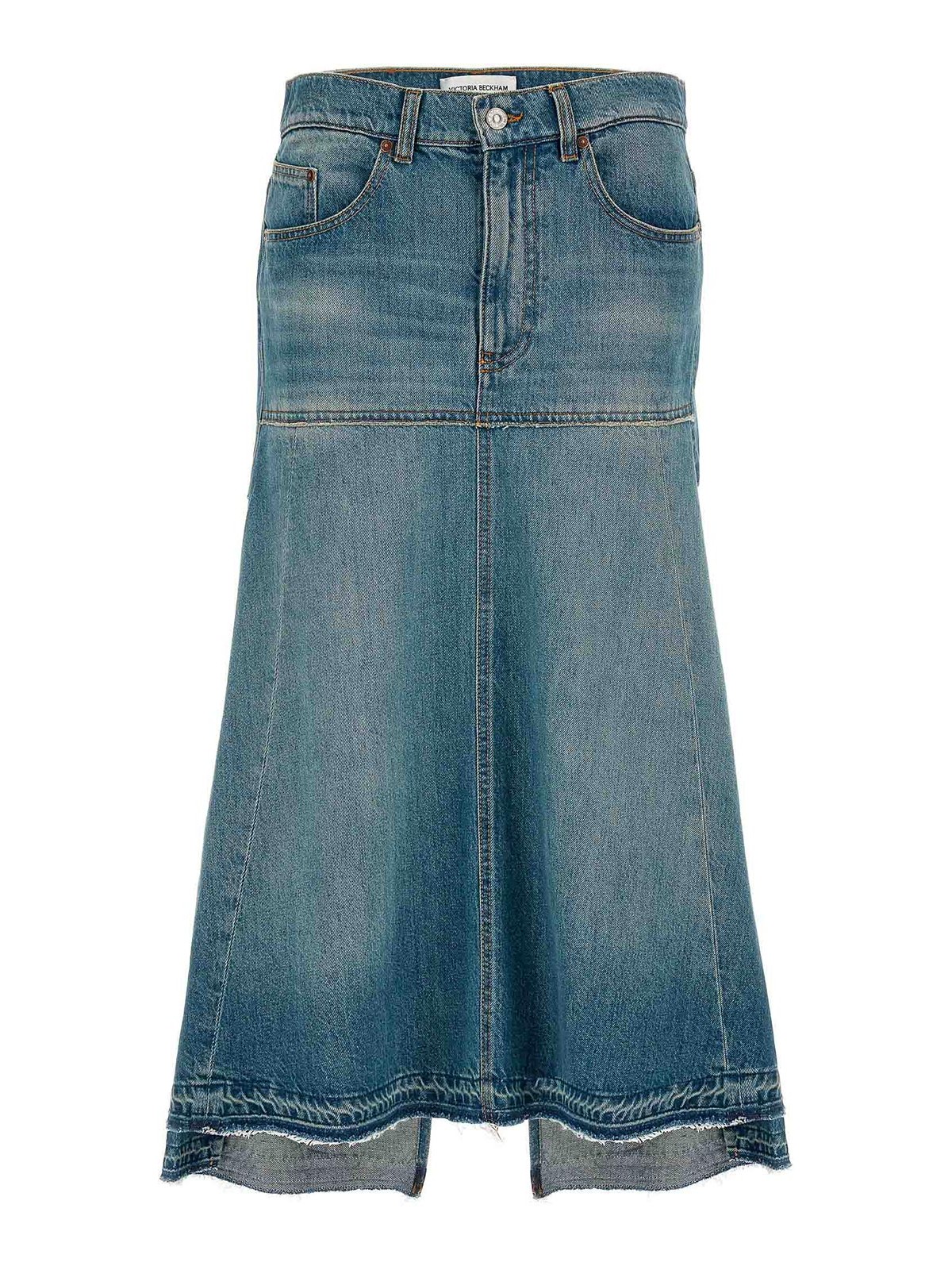 Shop Victoria Beckham Fit & Flare Patched Denim Skirt In Blue
