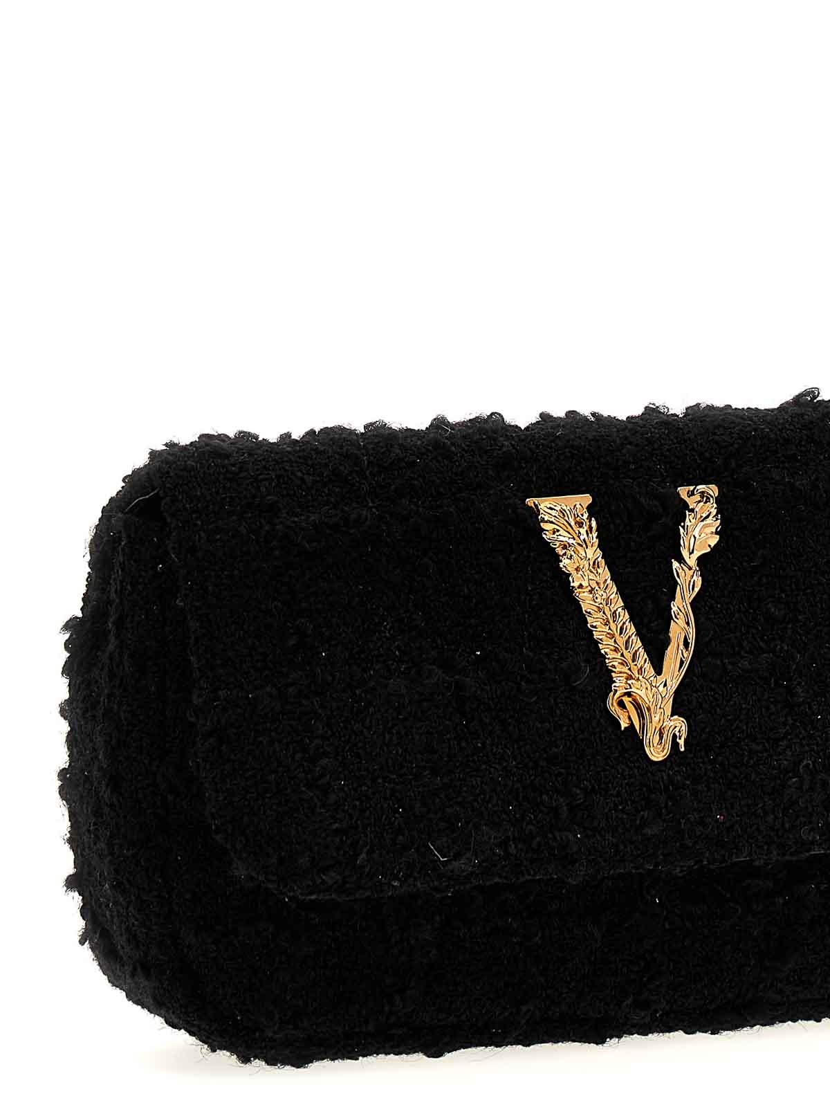 Shop Versace Logo Tweed Crossbody Bag In Black