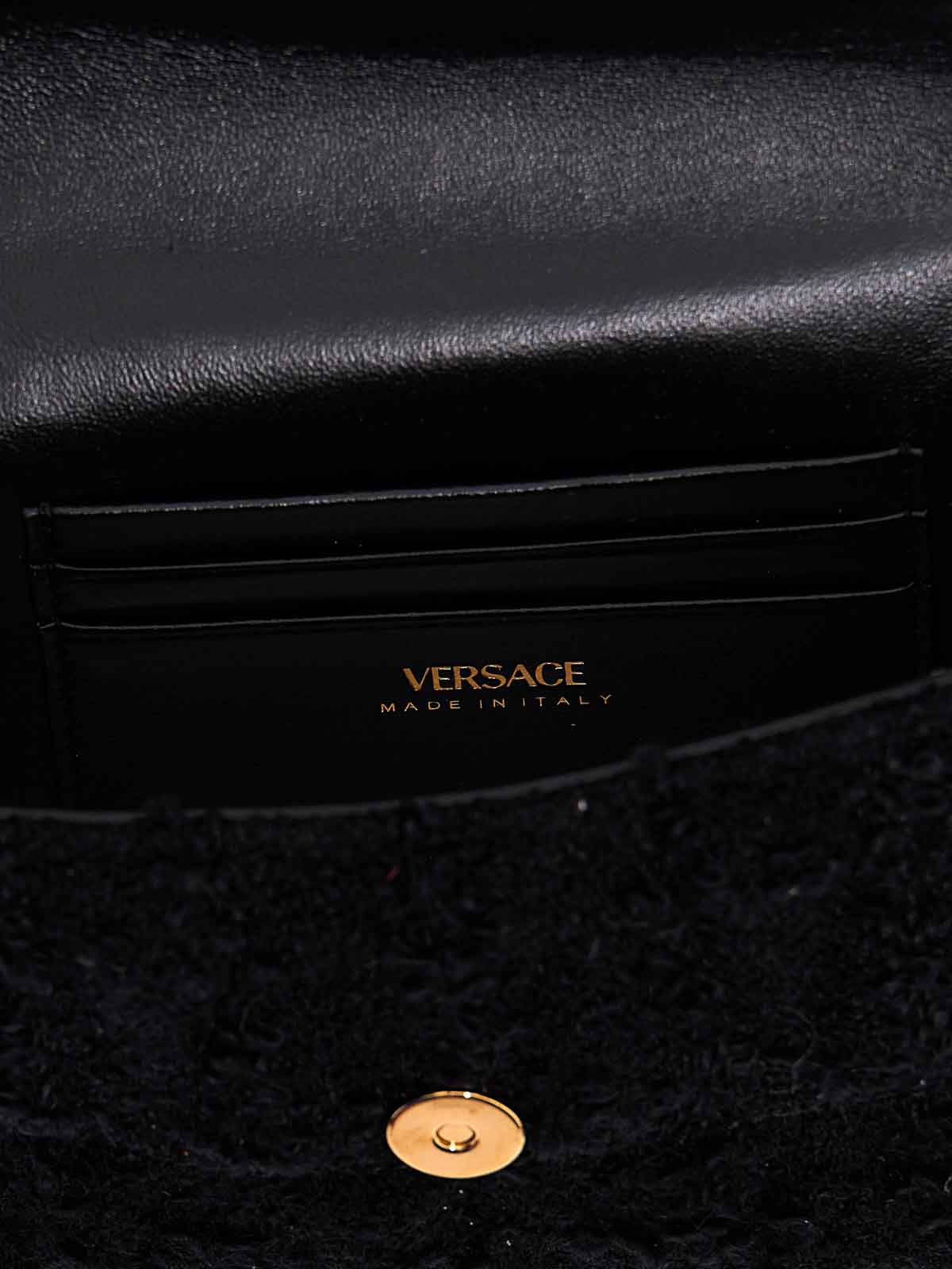 Shop Versace Logo Tweed Crossbody Bag In Black