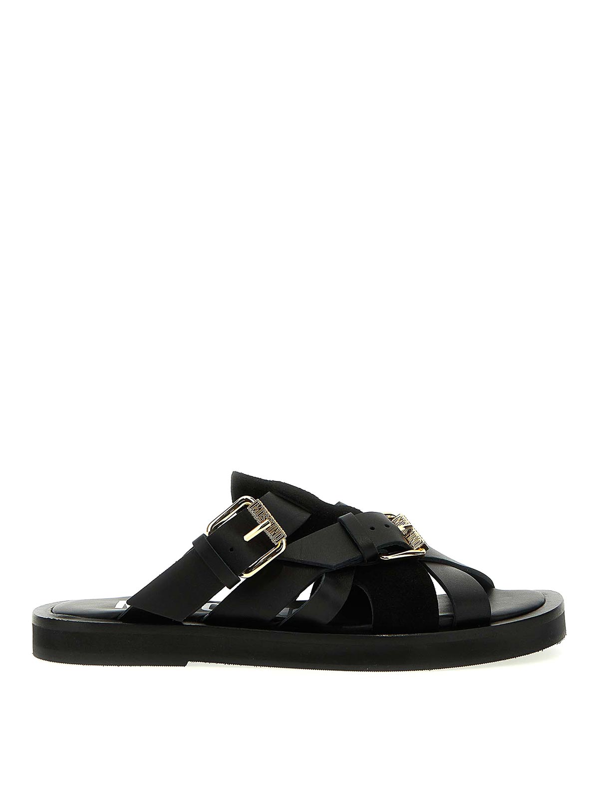 Shop Moschino Leather Slides Logo In Black
