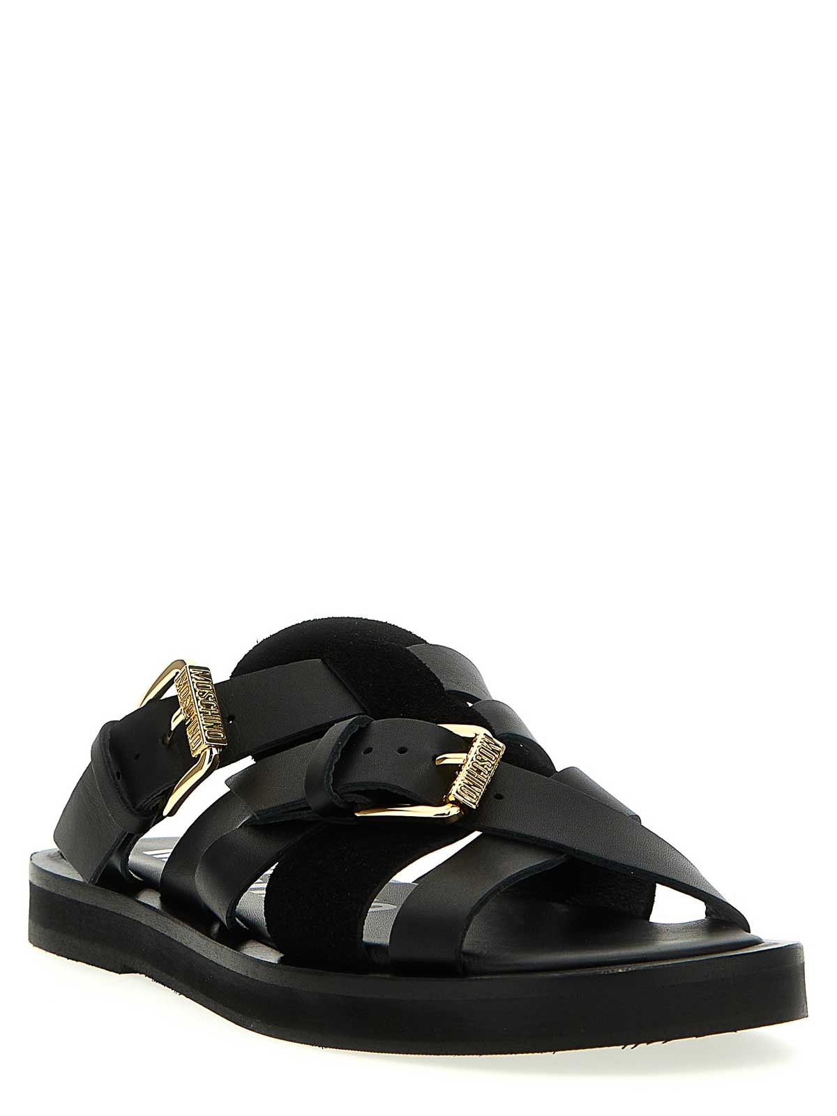 Shop Moschino Leather Slides Logo In Black