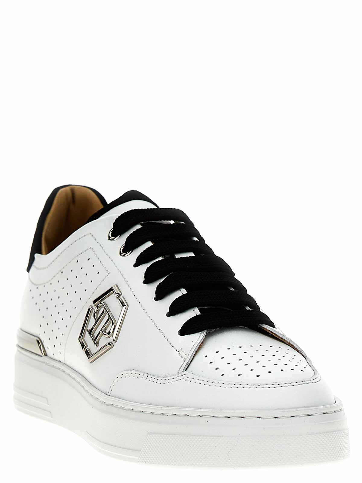 Shop Philipp Plein Mix Leather Lo-top Sneakers In White