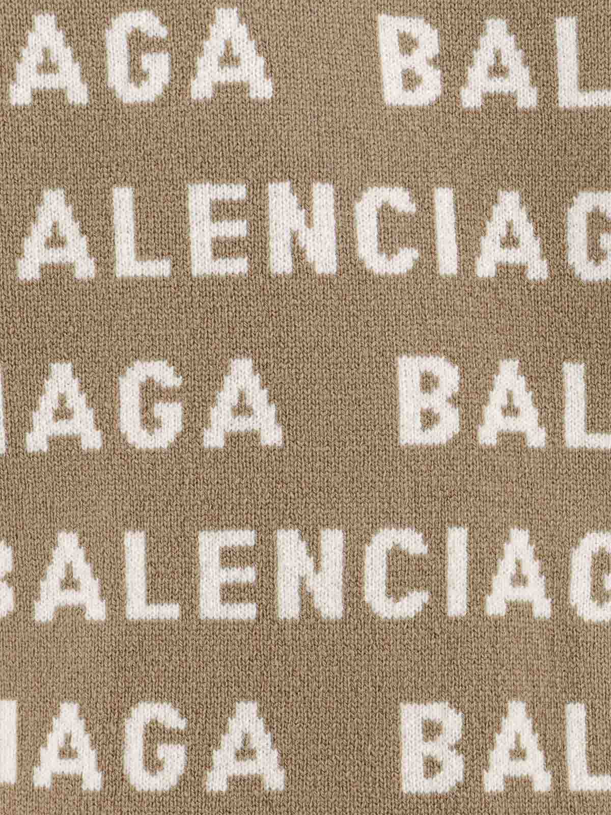Shop Balenciaga Wool Cardigan With Allover Logo Intarsia In Beige