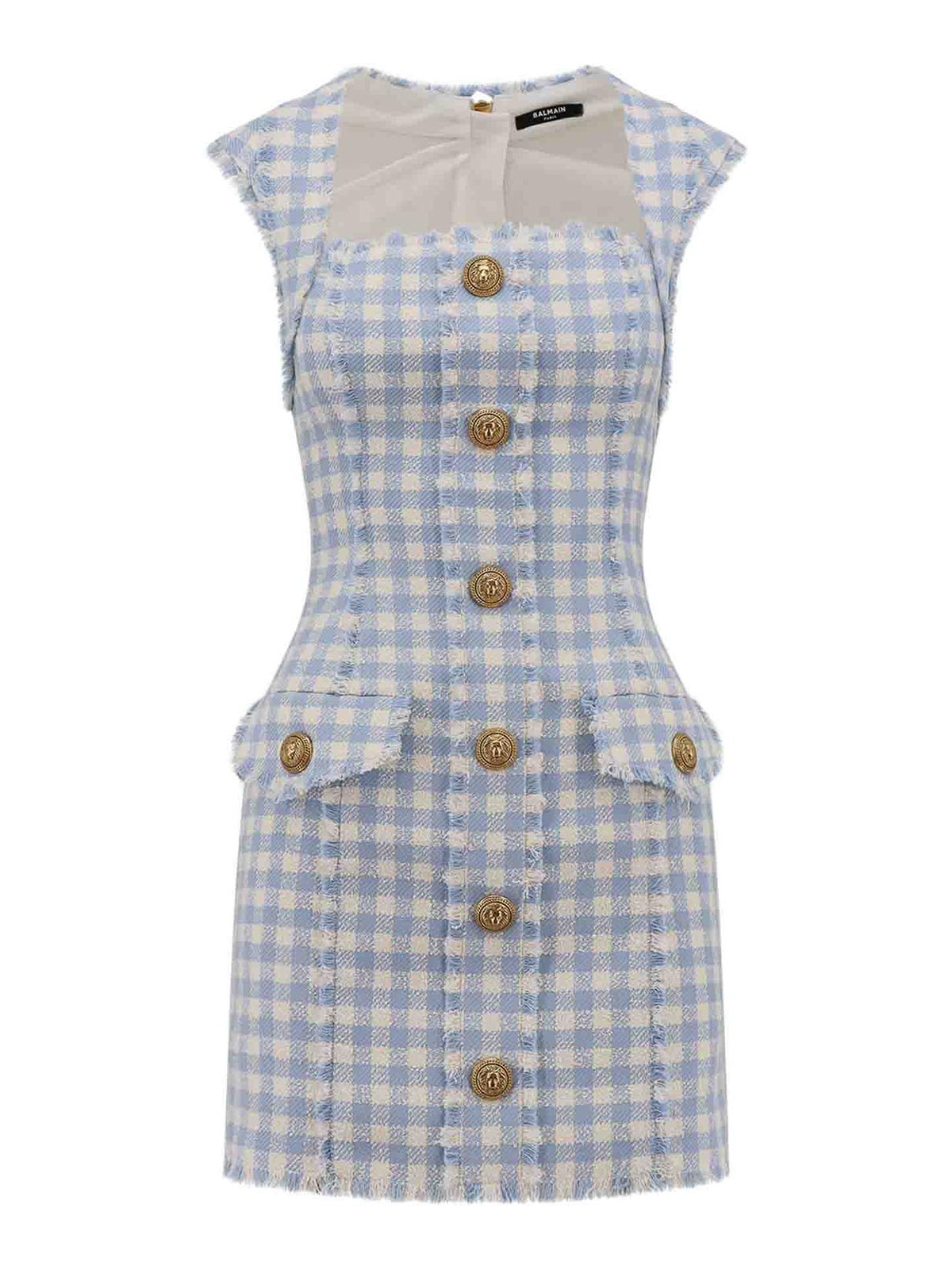 Shop Balmain Cotton Dress With Vichy Motif In Blue
