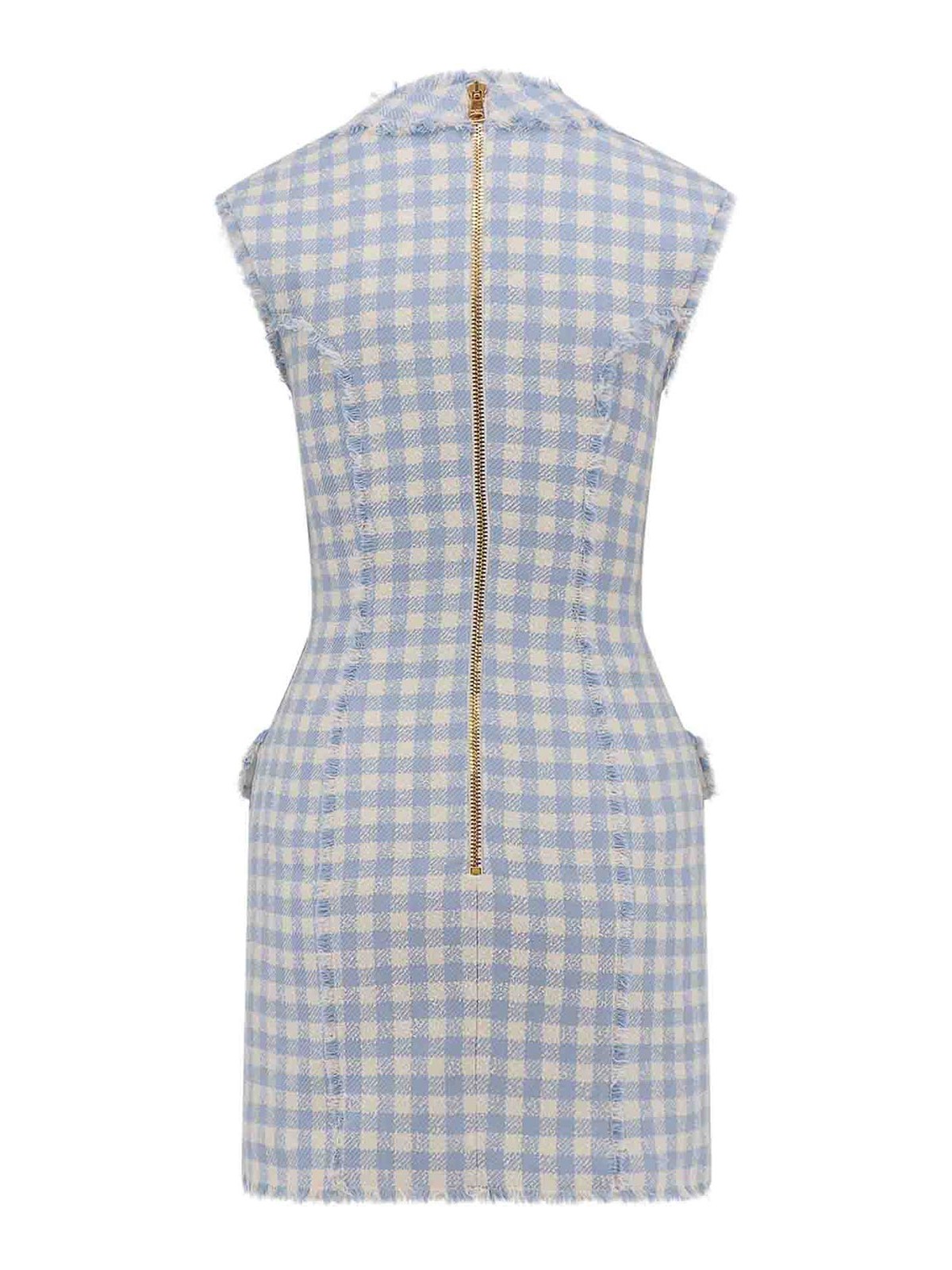 Shop Balmain Cotton Dress With Vichy Motif In Blue