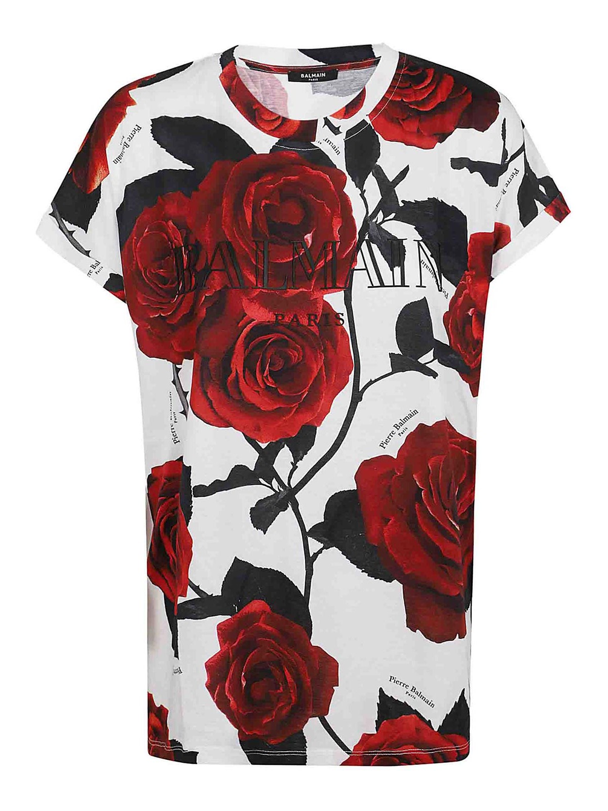 BALMAIN VINTAGE RED ROSES PRINT T-SHIRT