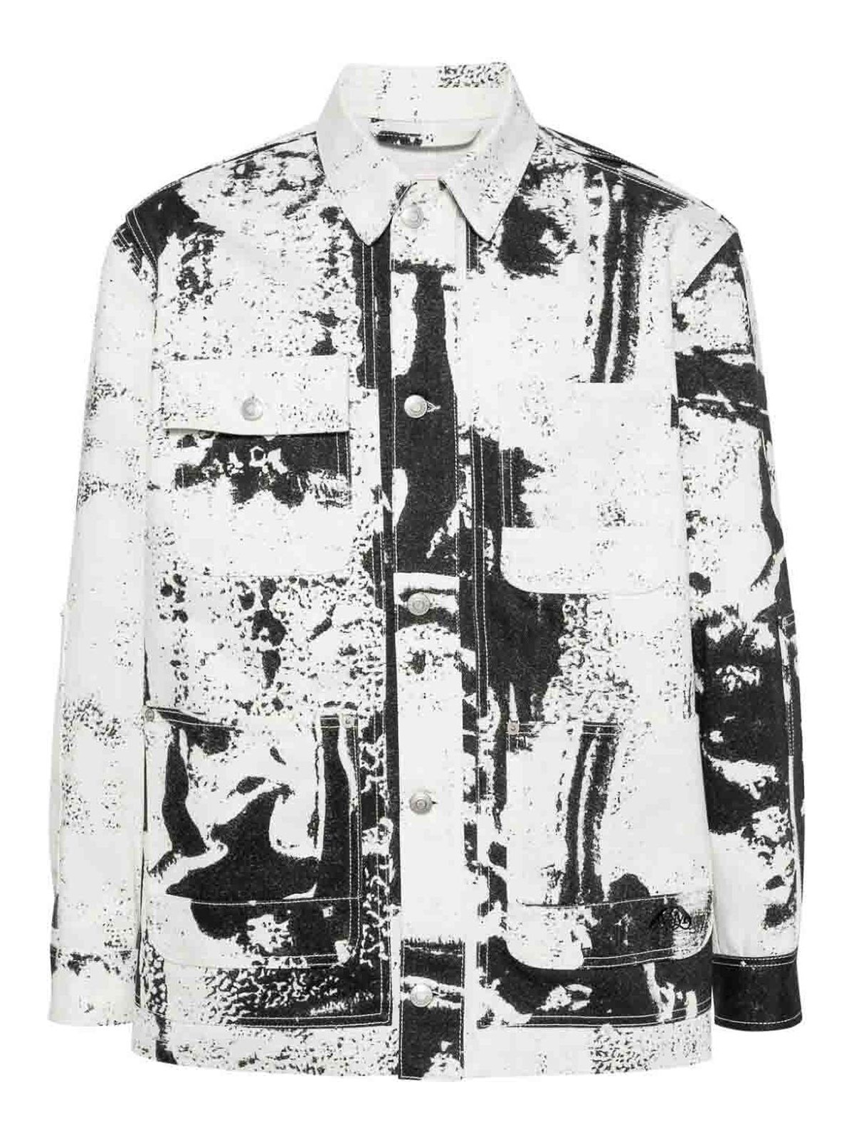Shop Alexander Mcqueen Patch Allover Fold Print Denim Jacket In Blanco