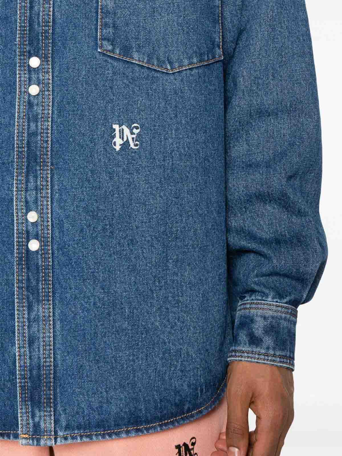 Shop Palm Angels Monogram Denim Shirt In Azul