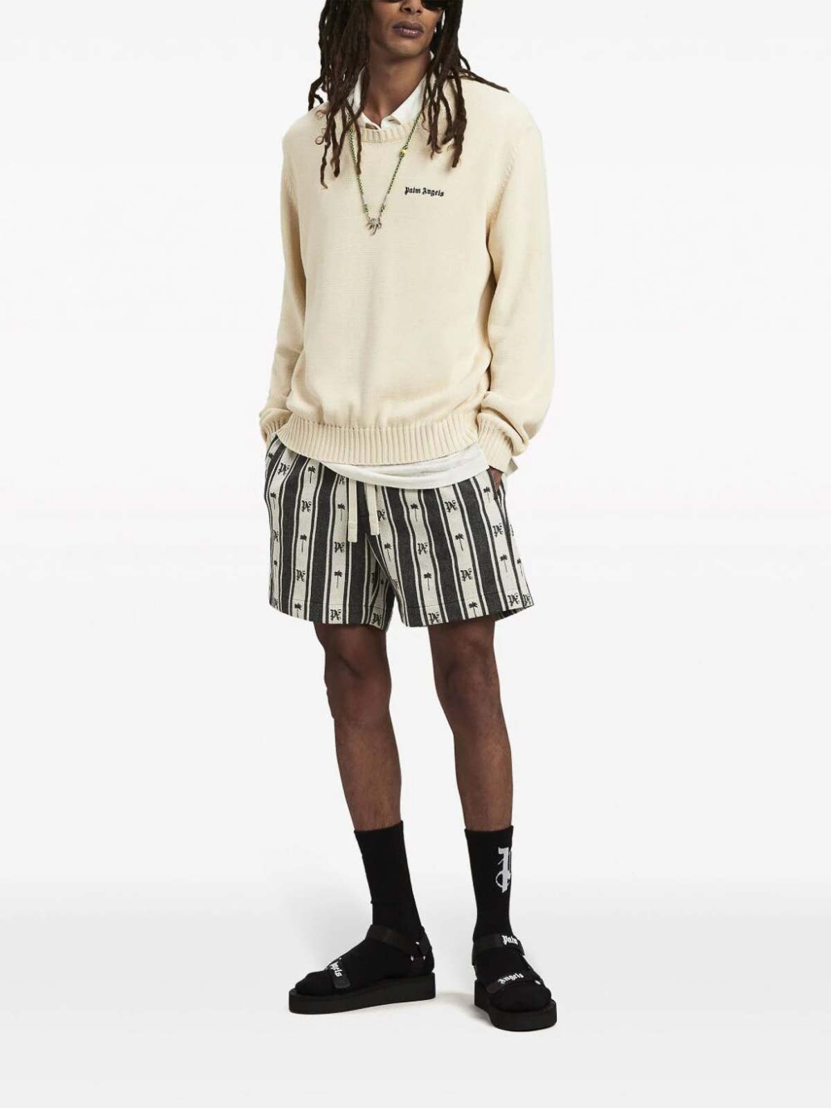 Shop Palm Angels Classic Logo Knit Round-neck Sweater In Crema