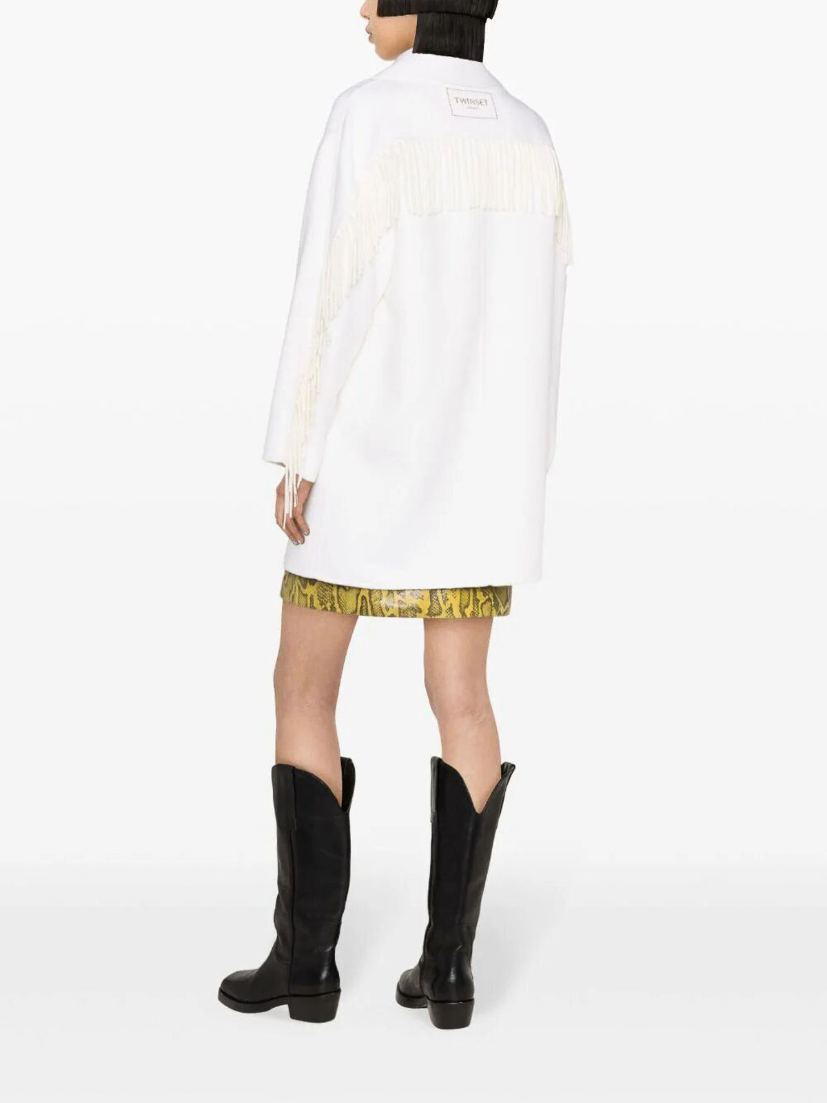 Shop Twinset Short Coat With Fringes In Crema