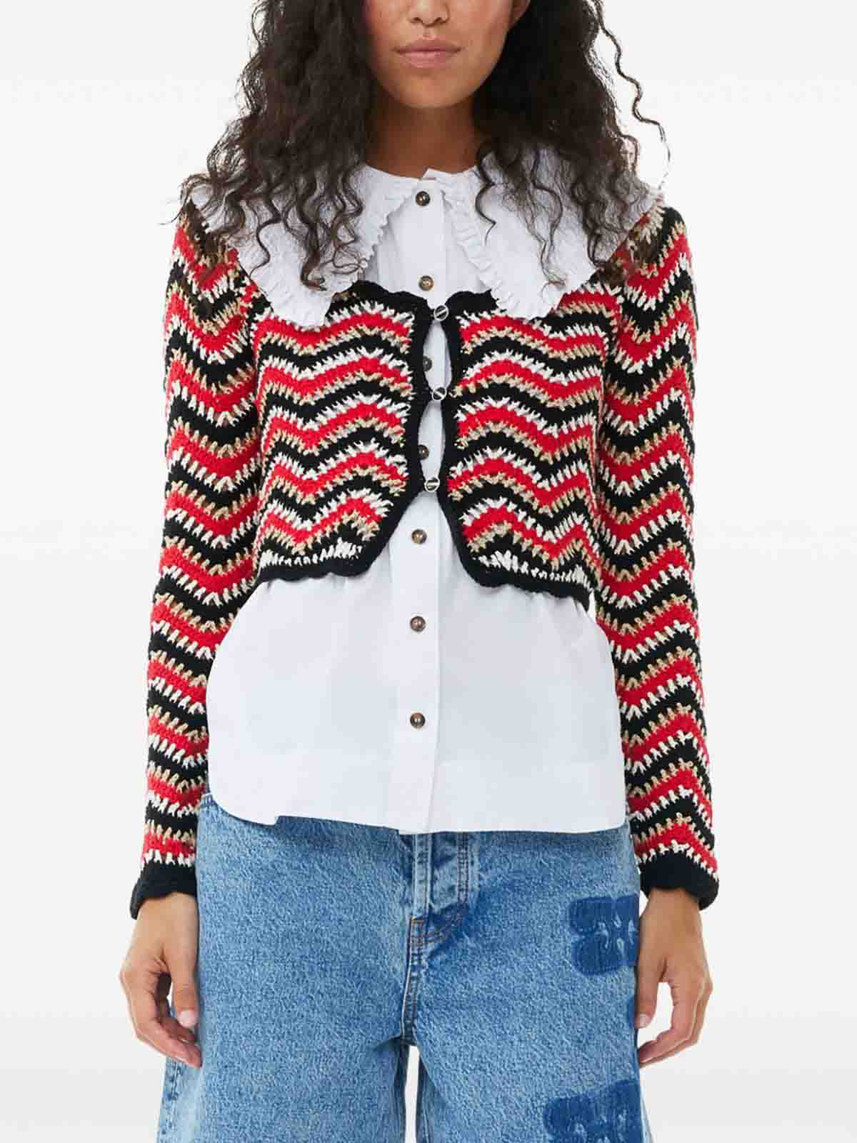 Shop Ganni Crochet Cotton Cardigan In Rojo
