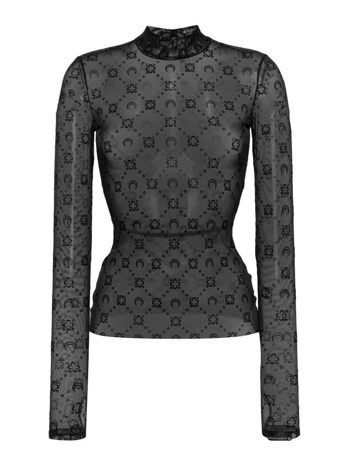 Marine Serre Black Sheer Top With Flocked Monogram In Stretch Polyamide Woman In Negro